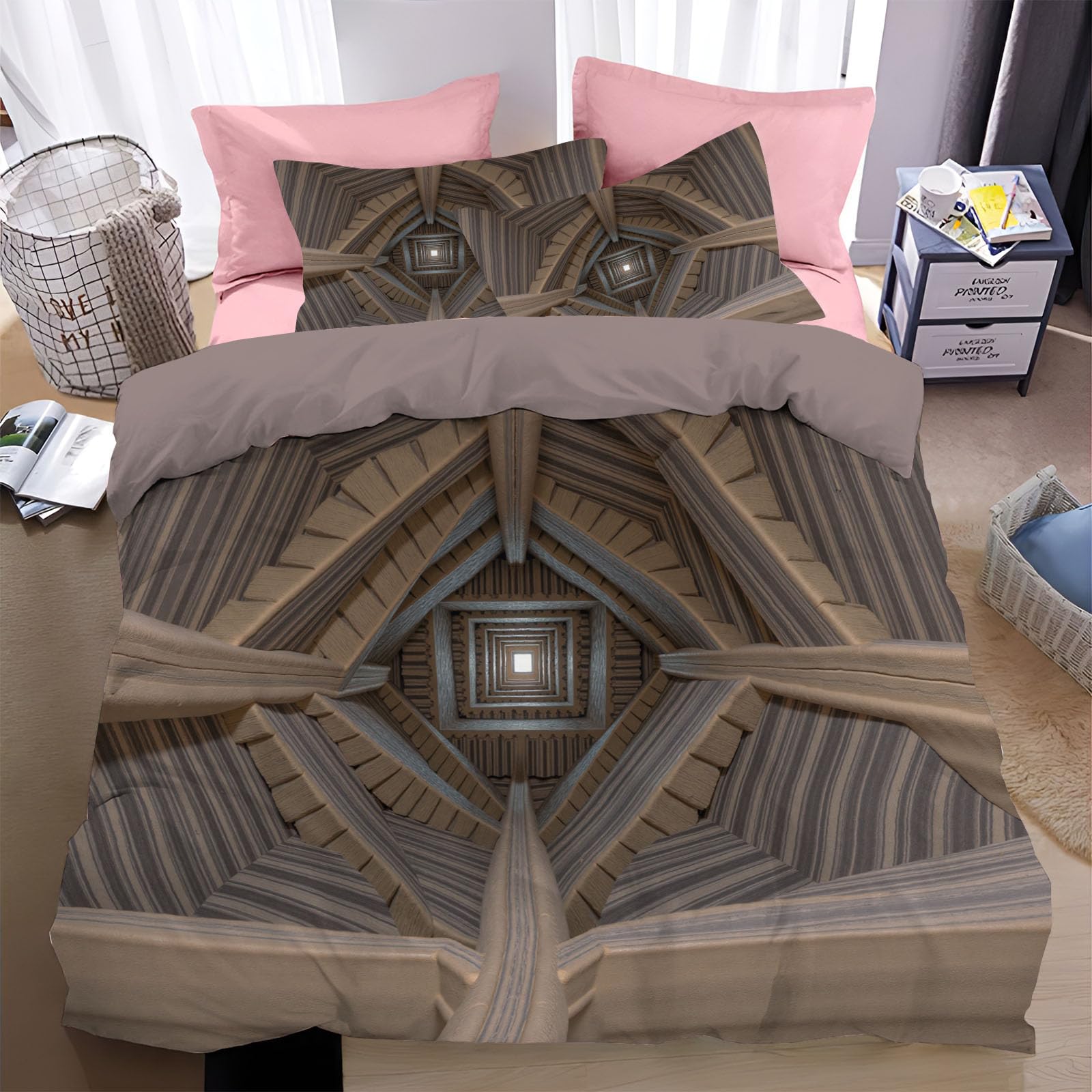 Housse de couette 220x240 parure de lit 2 personnes avec taies 65x65 cm couleur argile