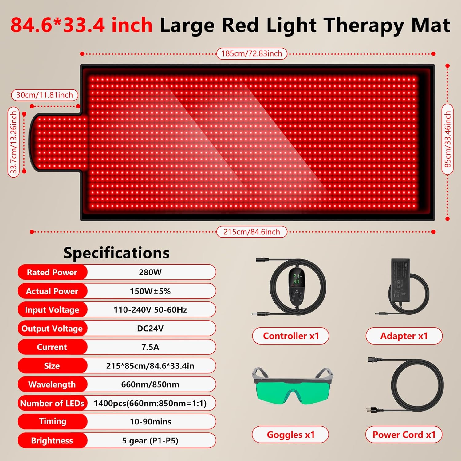 Large Red Light Therapy Mat for Full Body - 85" x 33" Extra Large Infrared Light Therapy Mat with 1400 LEDs, 660nm & 850nm Dual Wave, Timer & Pulse Modes - Ideal for Back Pain Relief, Muscle Recovery - Image 7
