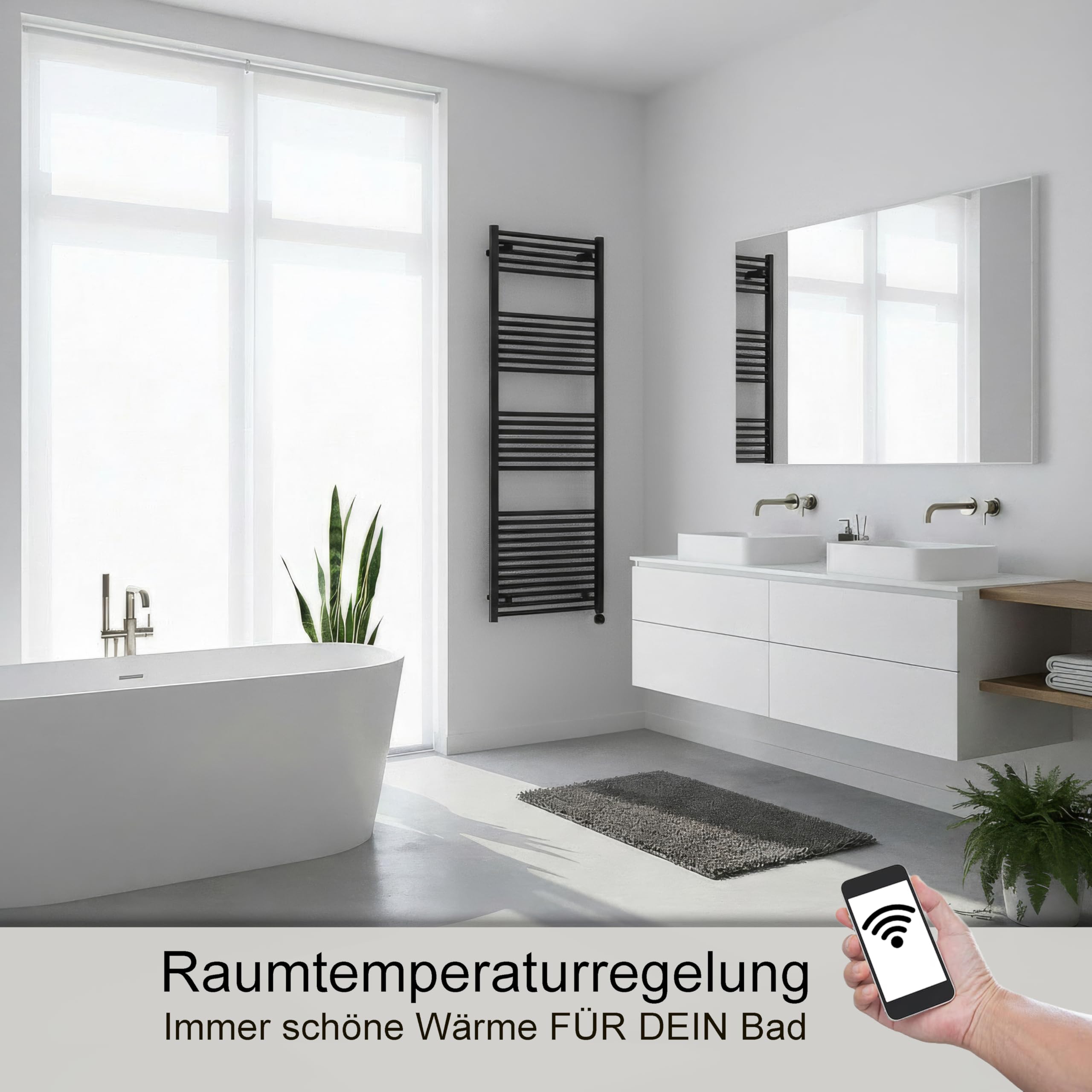 anapont Elektryczny grzejnik łazienkowy 1775 x 600 cm, aplikacja WiFi, czarny, prosty – grzejnik na ręczniki – wyprodukowano w Niemczech