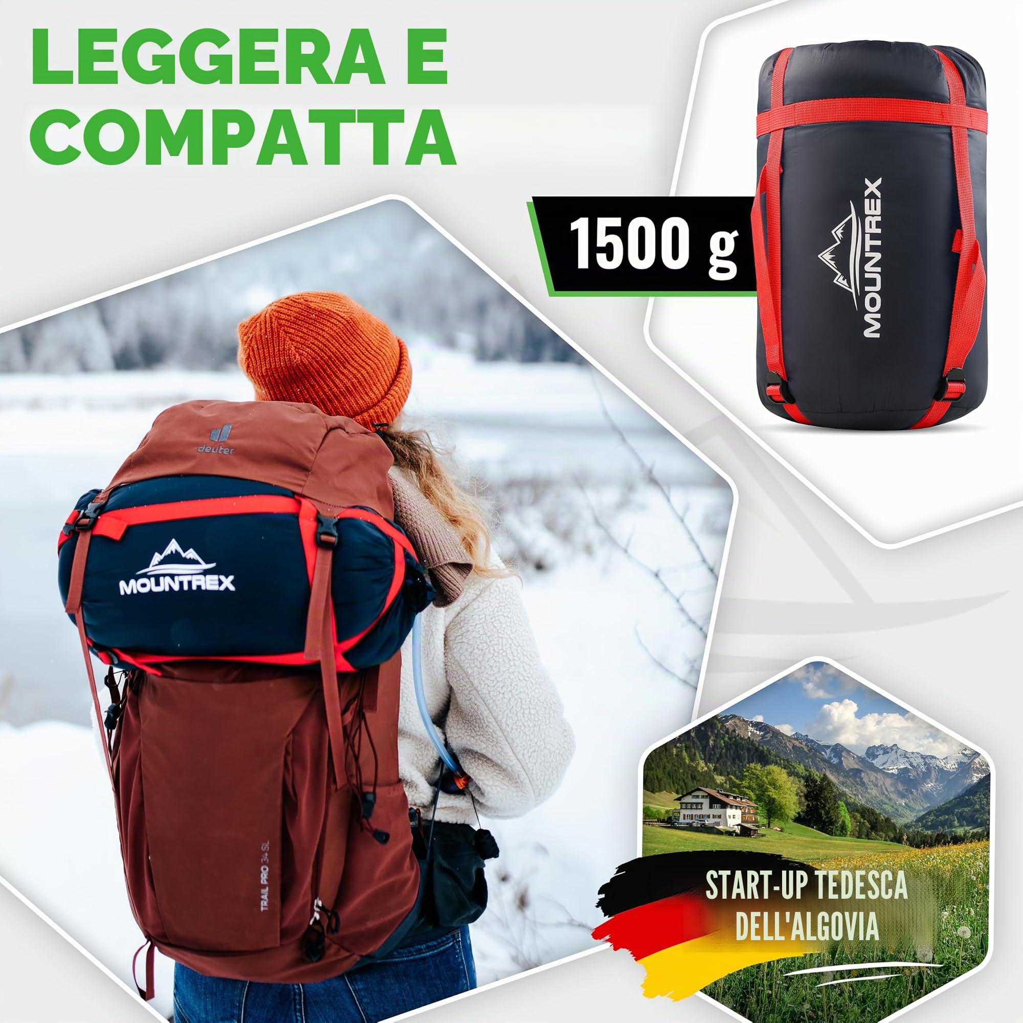 MOUNTREX® Sacco a Pelo - Leggero e Compatto (750g / 1500g) - Sacchi a Pelo Mummia, Adulto (205x75cm) - Campeggio, Trekking, Escursioni - 100GSM (Estivo) / 300GSM (3-4 Stagioni) - Accoppiabili