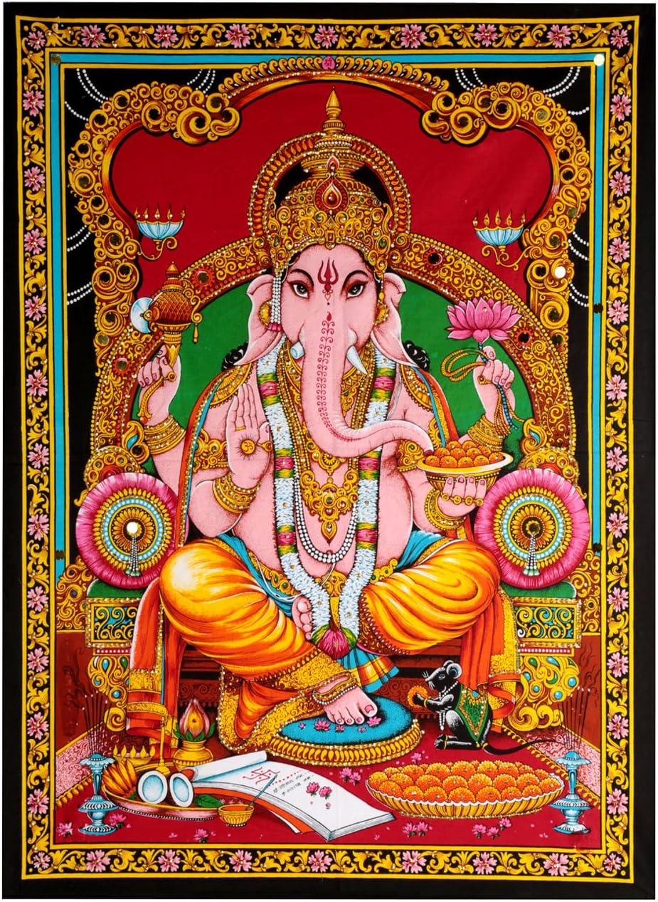 Ganesha Tapestry - Wall Hanging Indian Spiritual Tapestry Hand Printed Ganpati Poster 43x30 inch