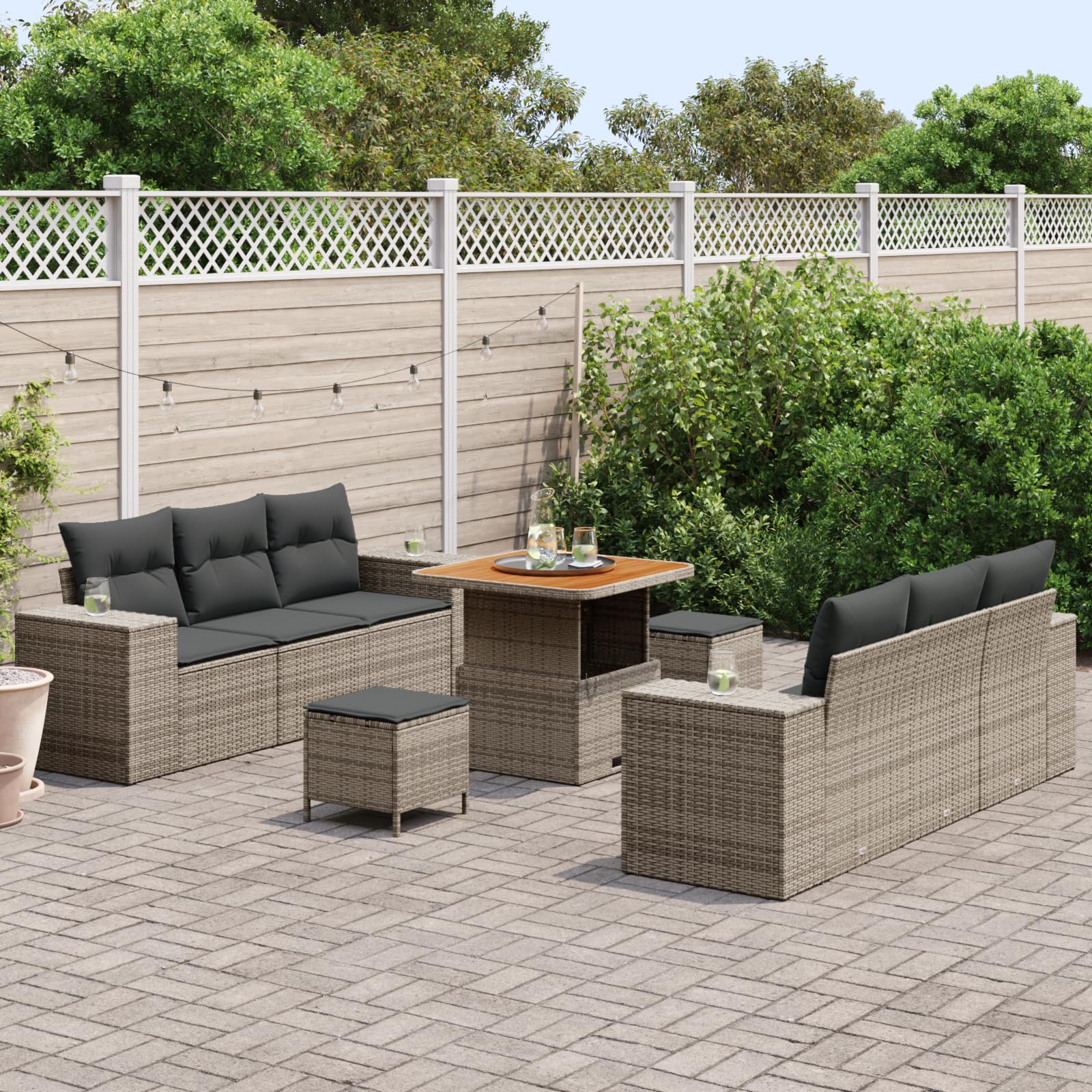 9-częściowy zestaw mebli ogrodowych z poduszką, szary polirattan, akacja – modułowa sofa outdoorowa ze stalową ramą i blatem akacjowym, na balkon, taras, do ogrodu