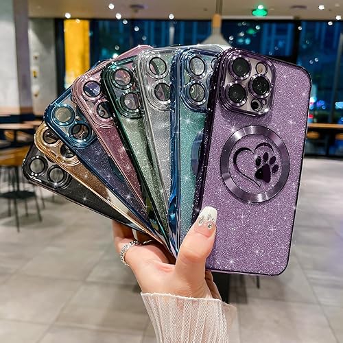 Miniatura 5 de Funda transparente compatible con iPhone 14 Pro Max con purpurina y diseño de corazón de pata de amor compatible con MagSafe magnético fuerte,
