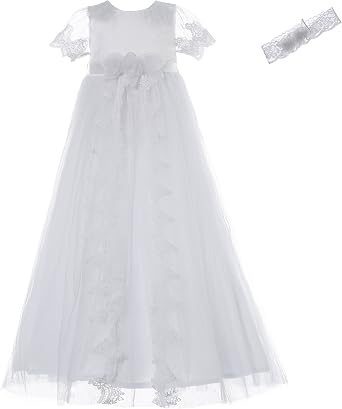 NIMBLE Baby Girls Christening Lace Mesh Dress Set with Headband for 0-12 Months