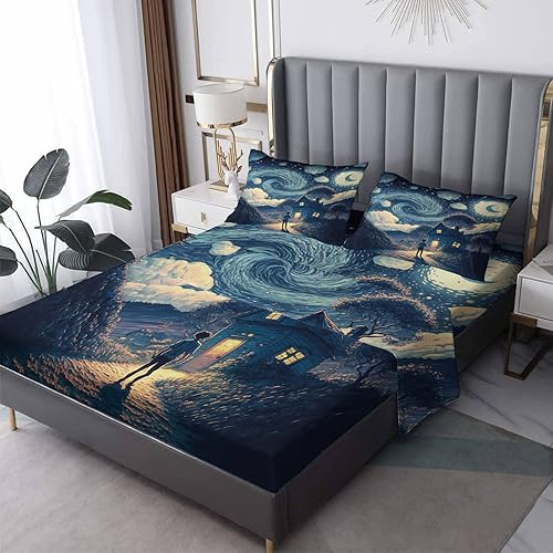 Juego de sábanas de noche estrellada, tamaño King, juego de sábanas de paisaje de fantasía, juego de sábanas de microfibra súper suave con patrón de