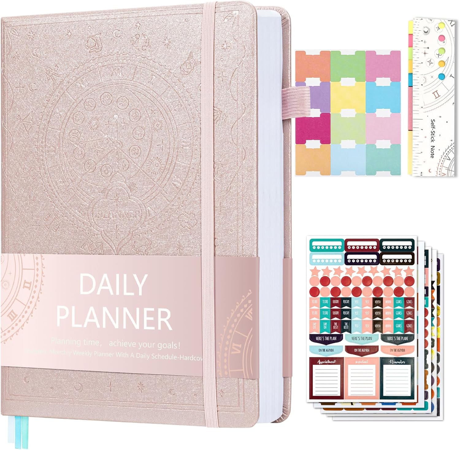 Ospelelf 2025 Leather Undated Daily Planner (5.5 x 8.5”), Weekly & Monthly Life Planner, Organizer Notebook & Productivity Journal. A5 Hardcover with Stickers(Rose Gold)
