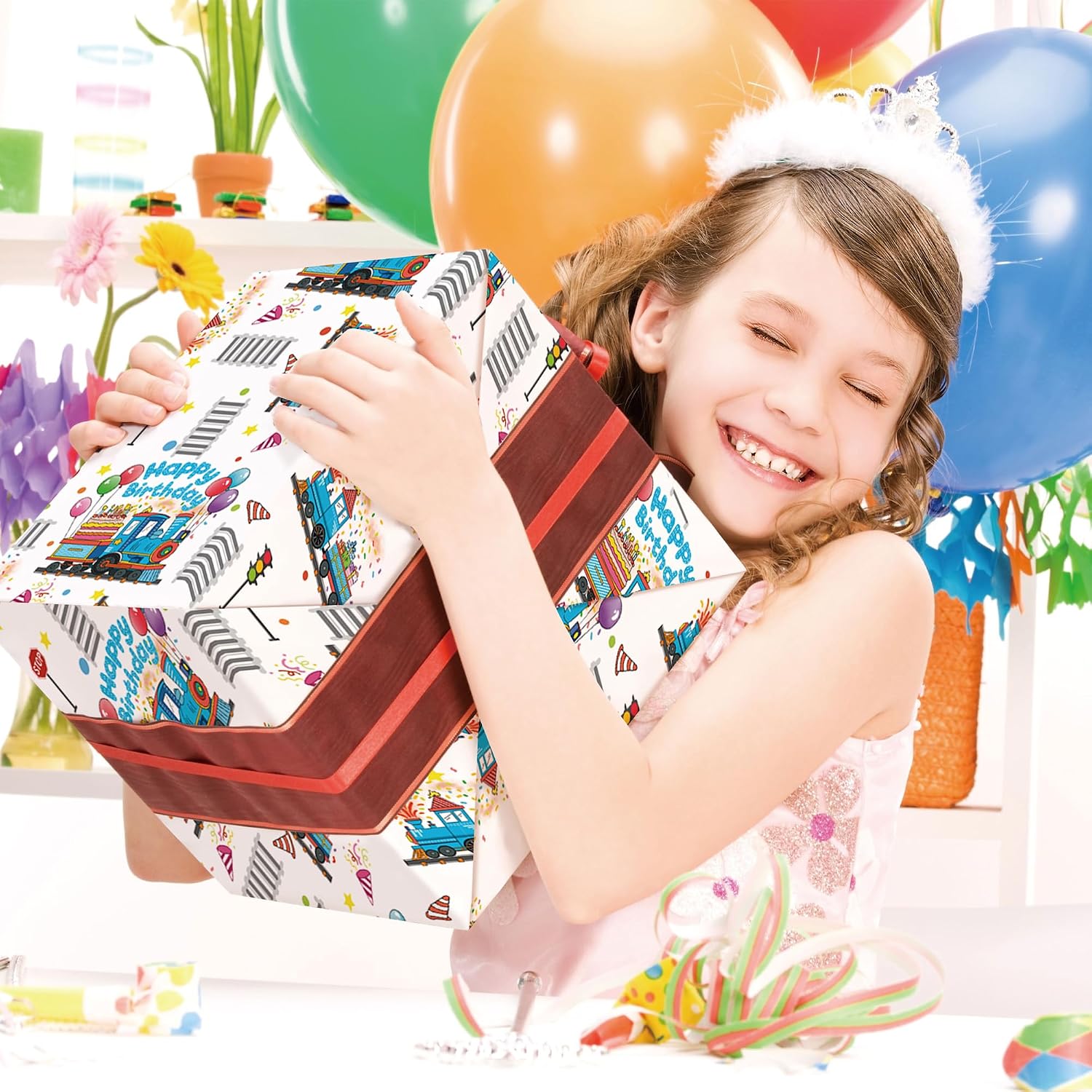 SaringSwoon Birthday Train Wrapping Paper for Boys Kid - White Gift Wrap With Train Happy Birthday Balloons, Cake and Gifts Train Tracks for Baby Shower - 28x40 Inches, 4 Folded Sheets image 2