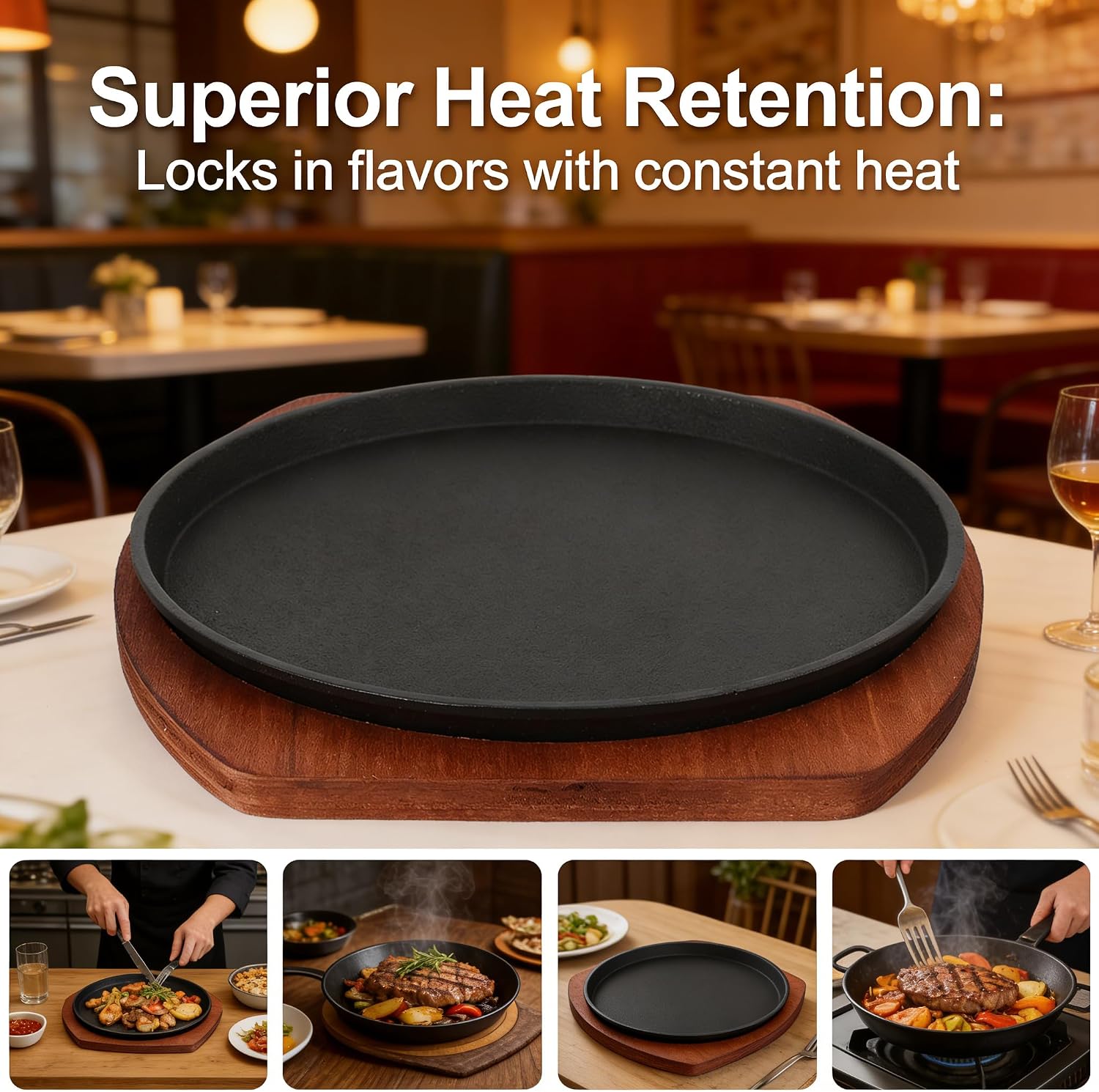 Iron Steak Plate with Wooden Base Pan for Bbq Steak Grill Pan for Home Kitchen Restaurant Serving Family Dinners Small Gatherings 9.84 X 9.05 X 0.98 in