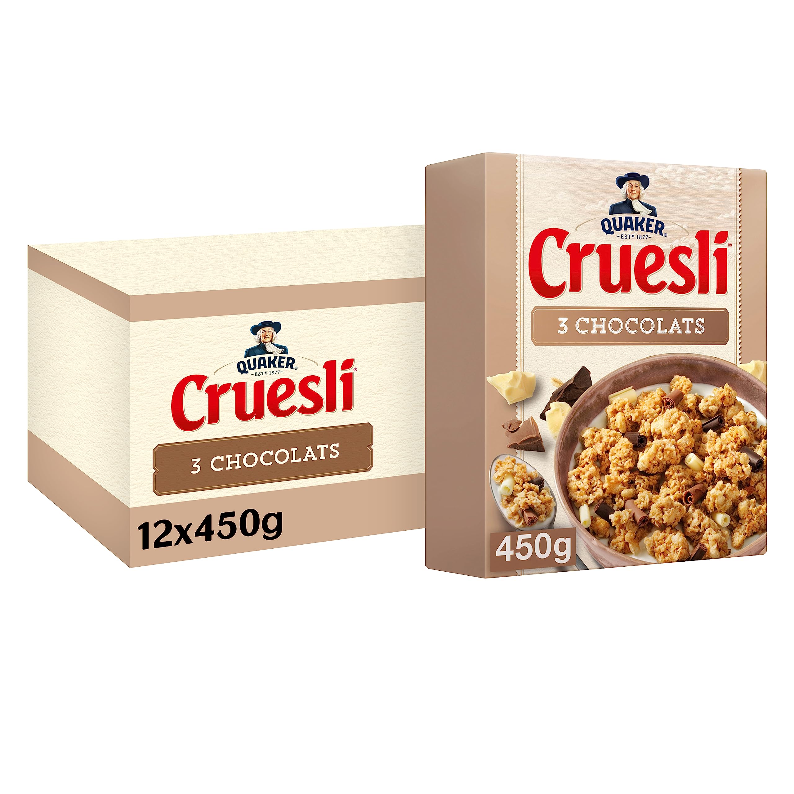 QUAKER Cruesli Céréales 3 Chocolats - Lot de 12x450g