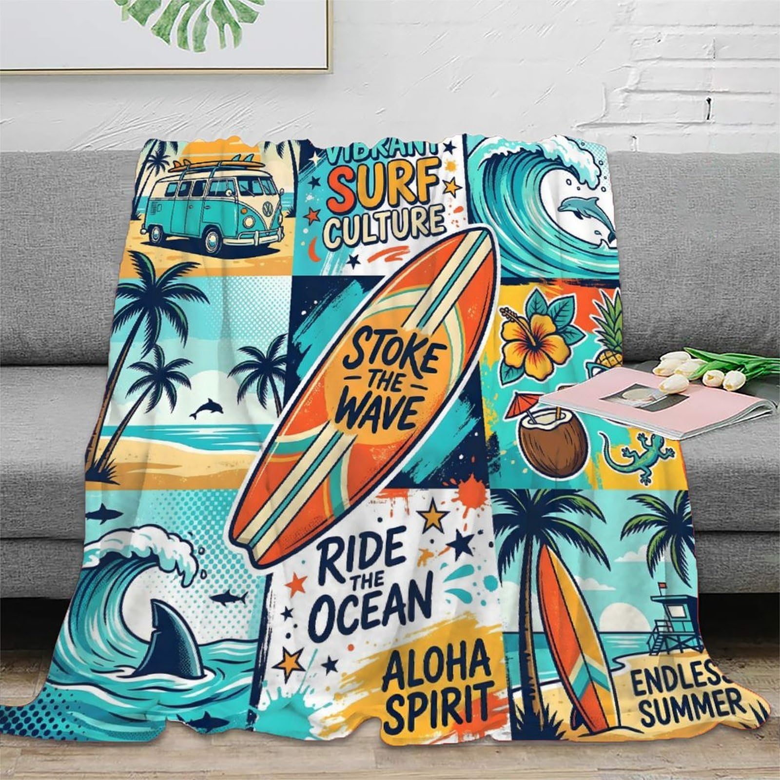 Autocollants représentant la Culture Surf. Jeté De Canapé Imprimé 3D, Premium Microfibre Couverture 80x90inch(200x230cm), Plaid Ultra Doux Respirant pour Hommes Femmes Adultes