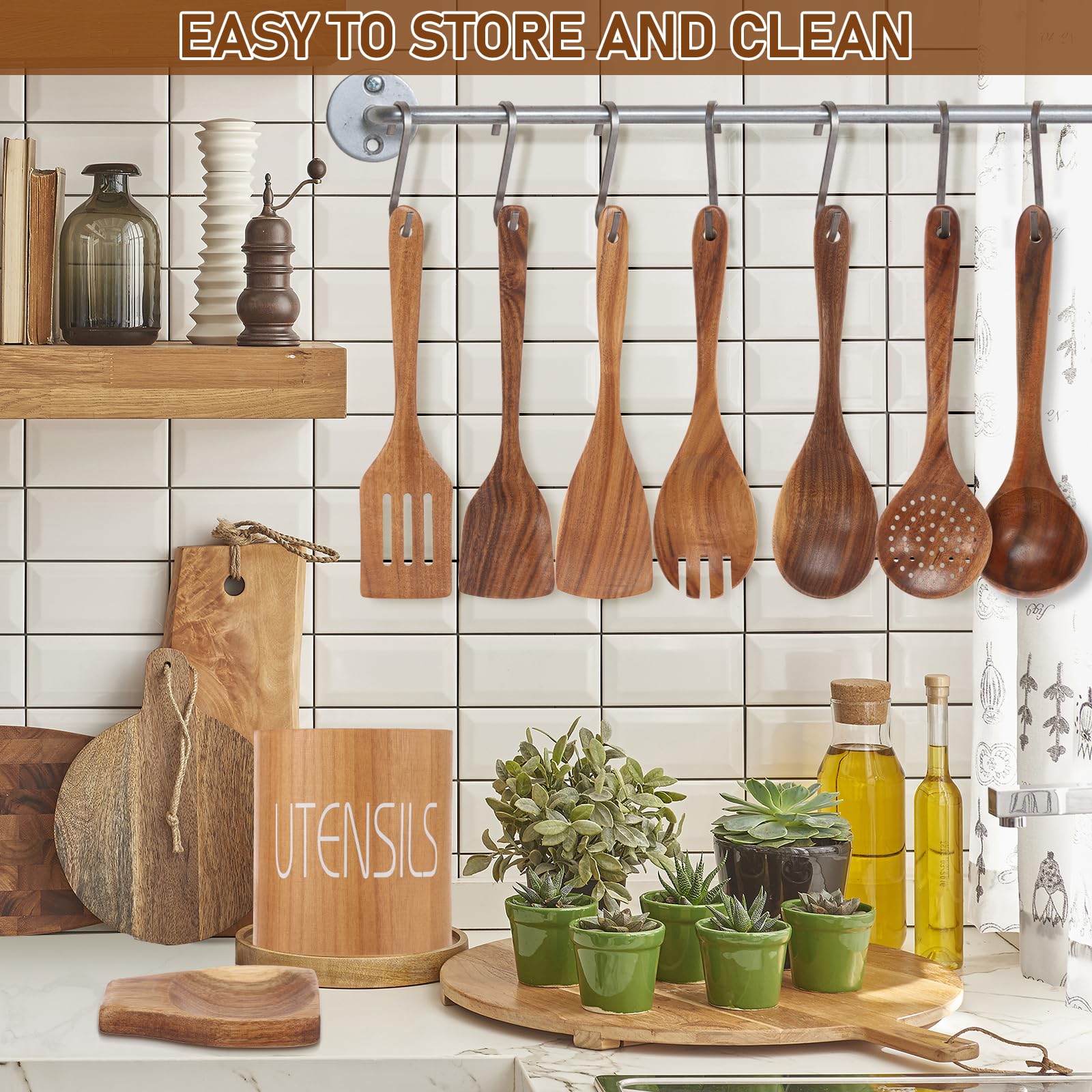9er Set Kochlöffel Holz Set aus Teakholz mit Halter Pfannenwender Holz und Schöpflöffel Küchenutensilien für Antihaftpfannen Hitzebeständig Robustes Kochbesteck Unikat Naturholz Braun