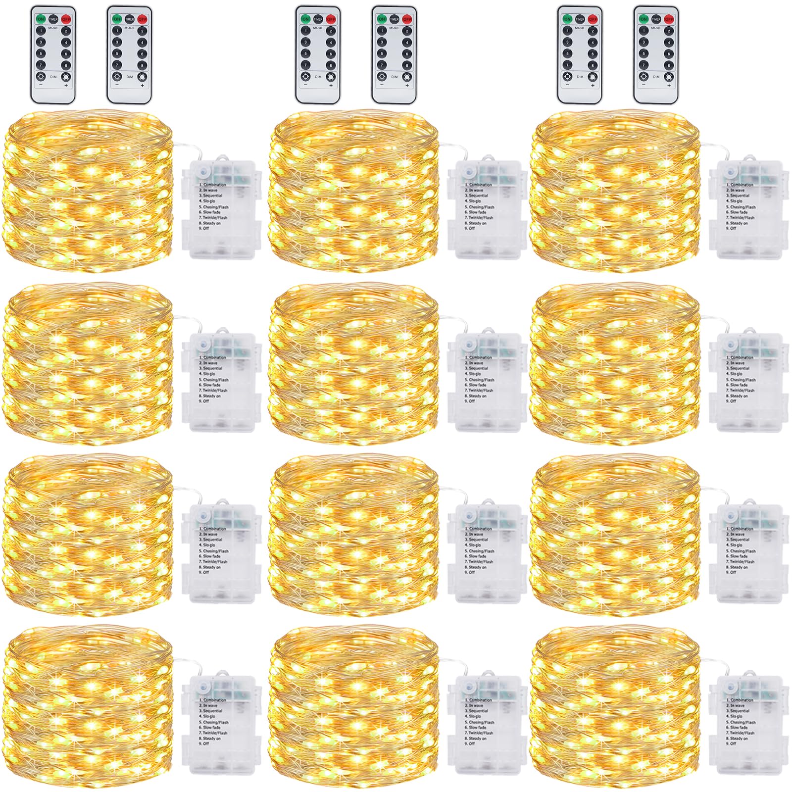 Lot de 12 guirlandes lumineuses à piles avec télécommande, chaque guirlande lumineuse de 120 LED de 120 LED avec minuteur, 8 modes étanches et scintillantes pour chambre à coucher, fête d'intérieur