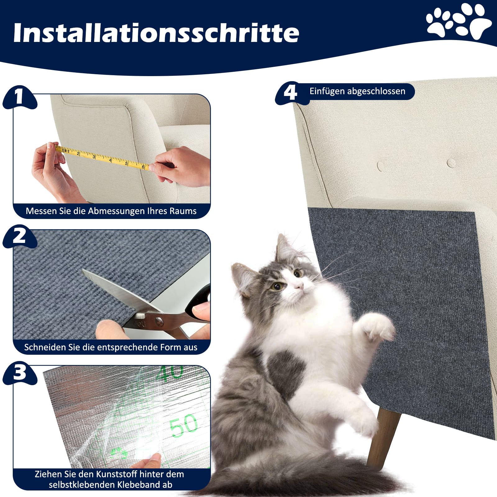 Tappetino Tiragraffi Per Gatti Autoadesivo - 200x40 Cm, Grigio, Antigraffio