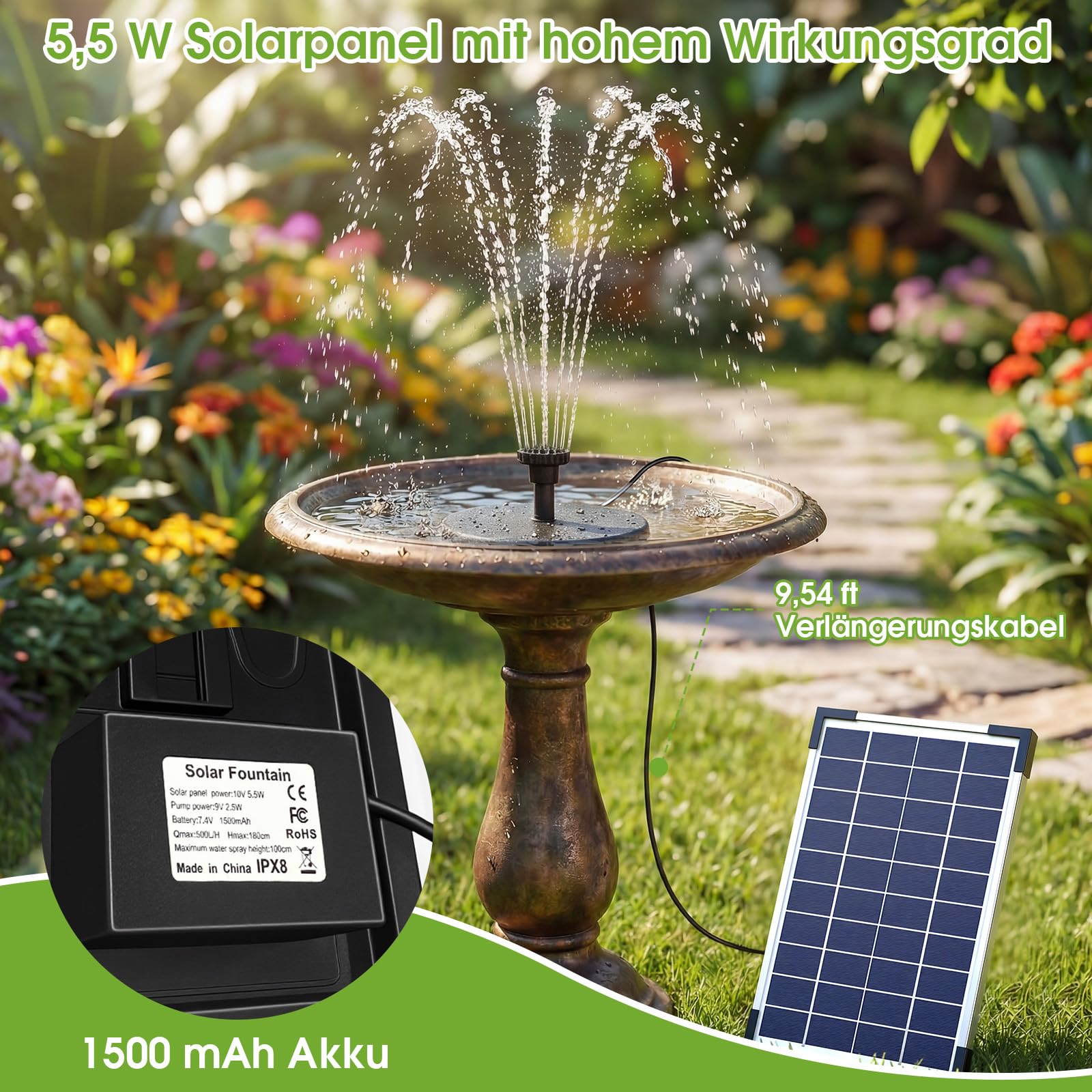 AISITIN Solar Springbrunnen 5.5W Solar Teichpumpe mit Solar Panel Eingebaute 1500mAh Batterie Wasserpumpe Solar Schwimmender Fontäne Pumpe mit 6 Fontänenstile für Garten, Vogel-Bad