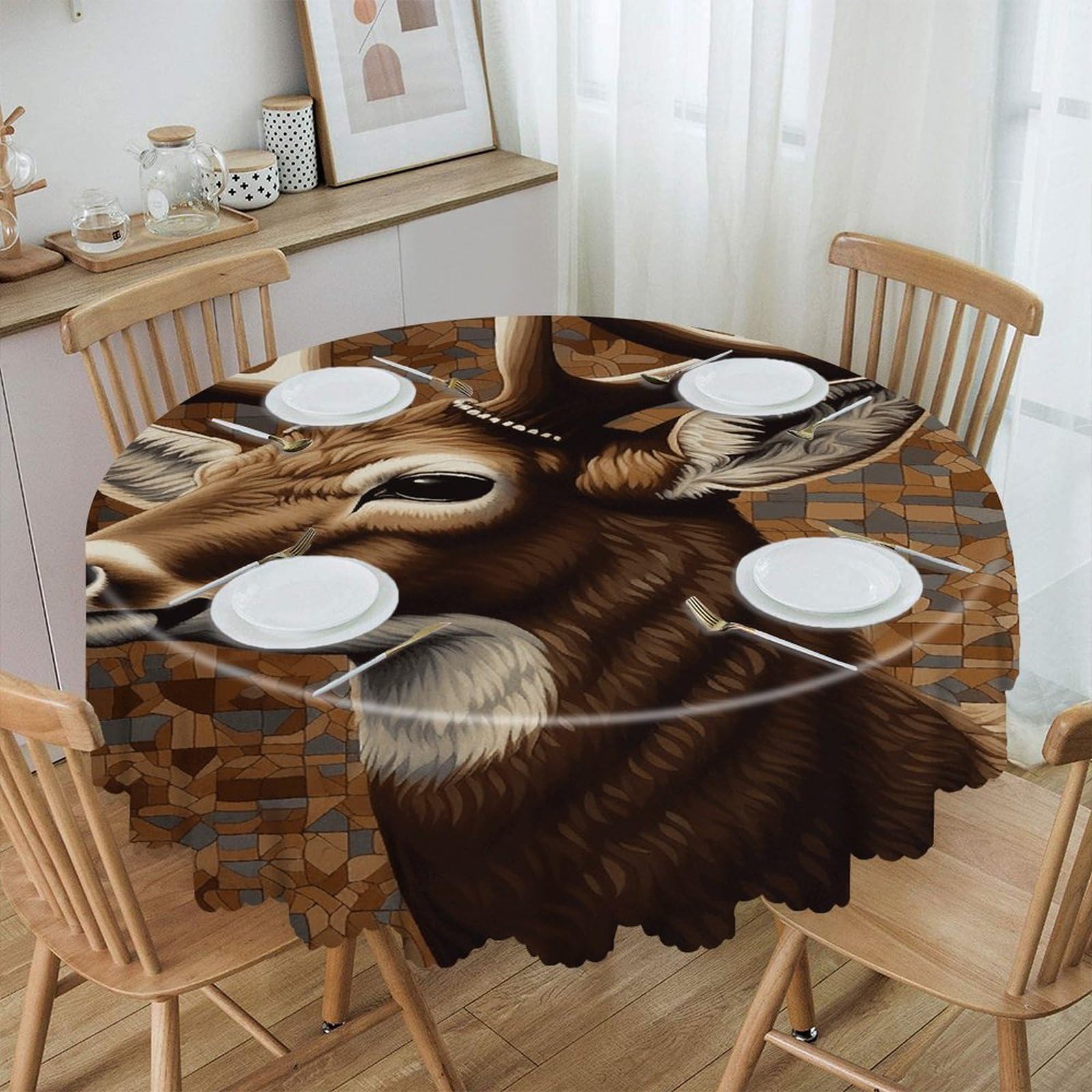 VstaDank Deer on Brown Background Round Tablecloth Wipeable Round Polyester Tablecloth Waterproof Wrinkle Free Indoor and Outdoor Table Cover 60 Inch Decorative Farmhouse Table Cloth for Dining