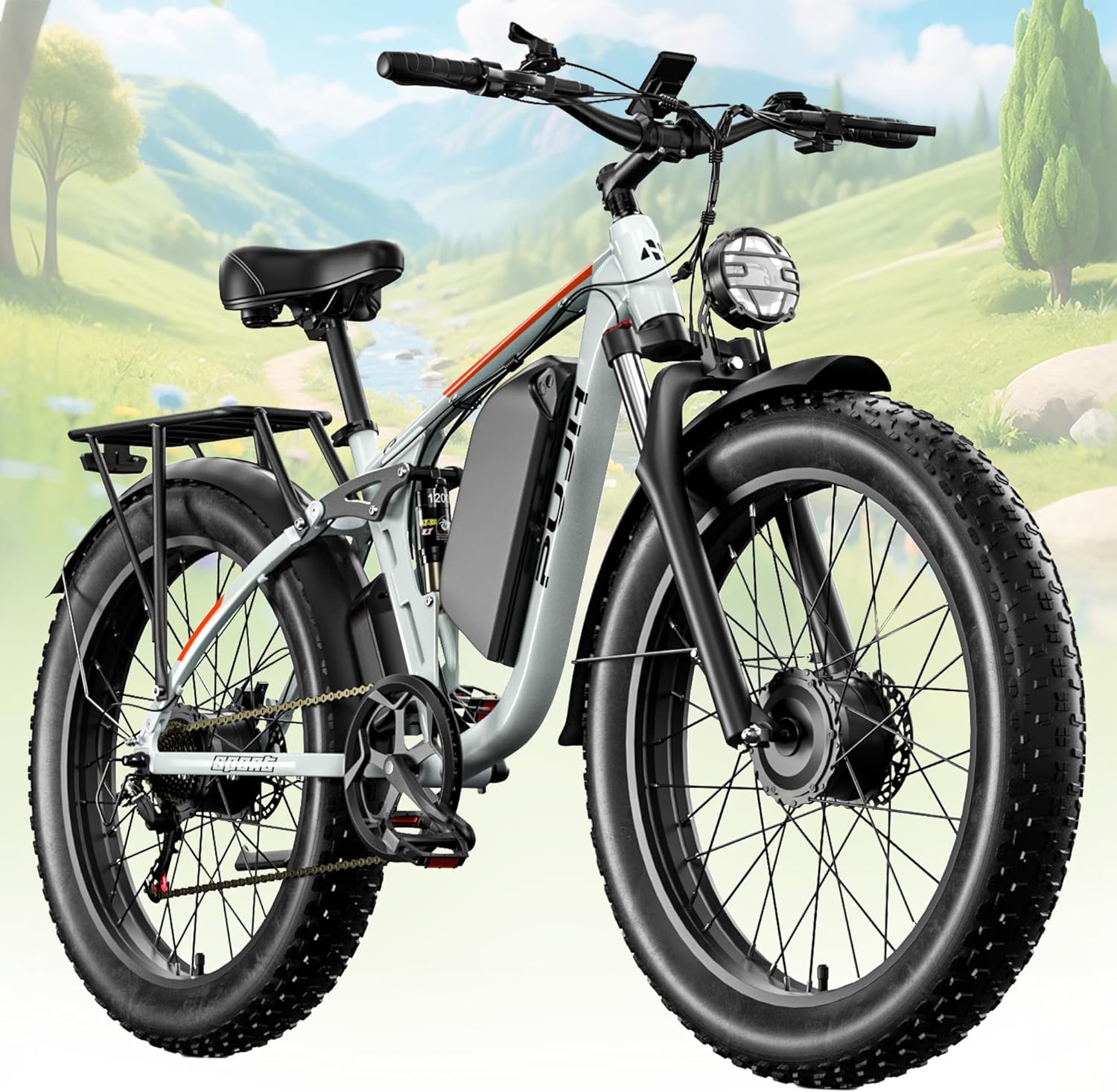 Electric Bike, 52V 25Ah 4000W Dual Motors, 24" Fat Tires Adult, 38mph Up to 110 Mile Range, Full Suspension, Hydraulic Brakes Class 3 Ebike, for Off-Road Mountain Riding Adventures