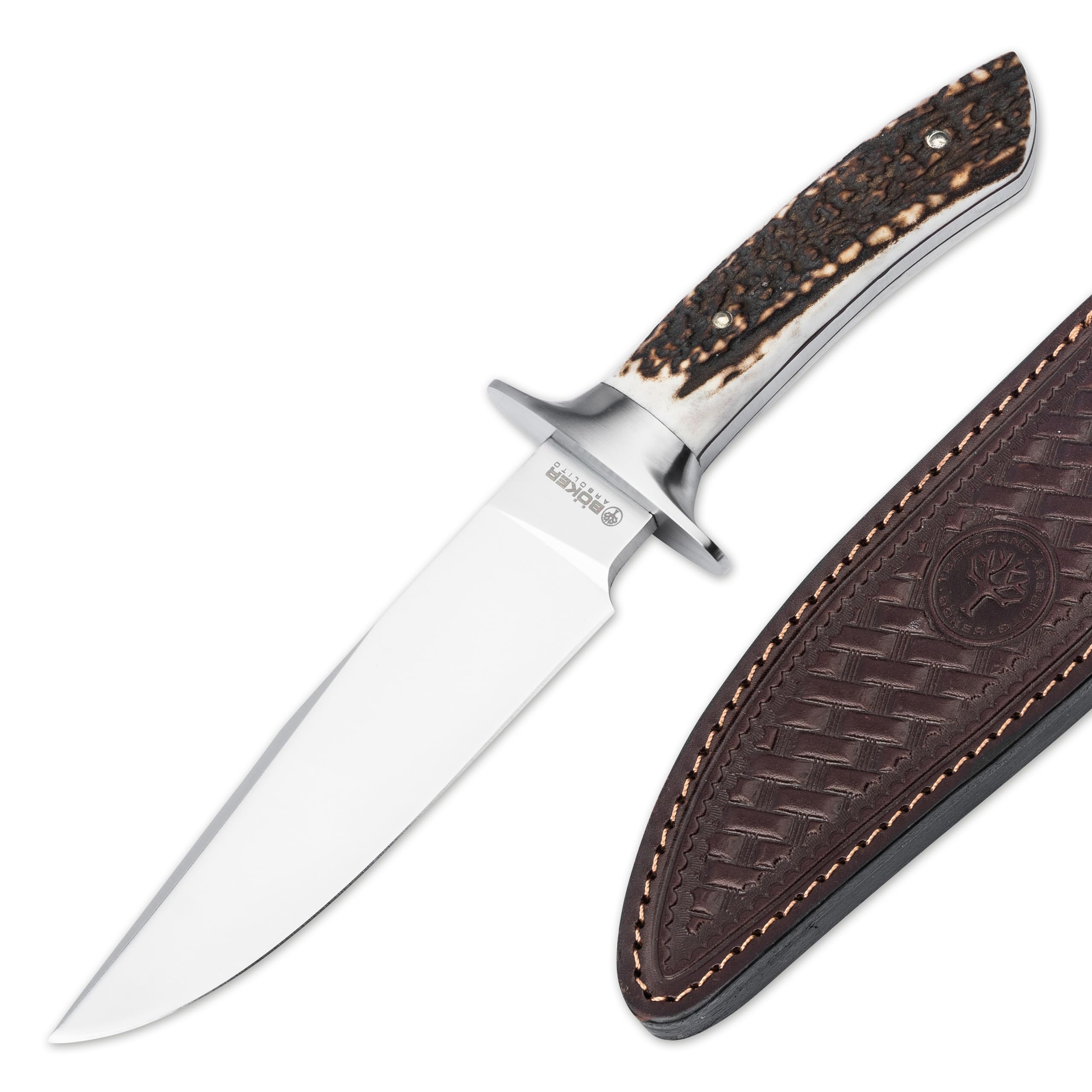 Böker ARGENTINIA® Torito HX - Outdoor Jagdmesser mit feststehender Klinge 16,2 cm - Fulltang Messer mit Hirschhorngriff echt - Hunting Knife mit Lederscheide braun - Survivalmesser mit Parierelement