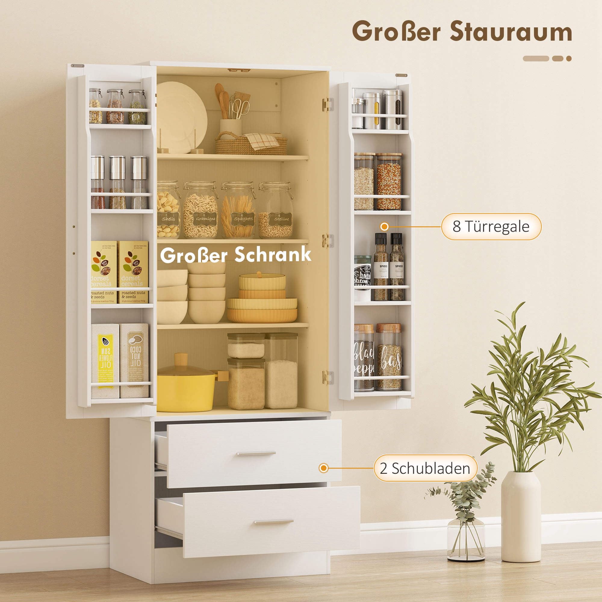 HOMCOM Küchenschrank Buffetschrank mit 2 Türen, 8 Türregalen, 2 Schubladen Hochschrank mit Verstellbaren Einlegeböden, Moderner Vorratsschrank für Wohnzimmer Weiß, 60 x 40 x 159 cm