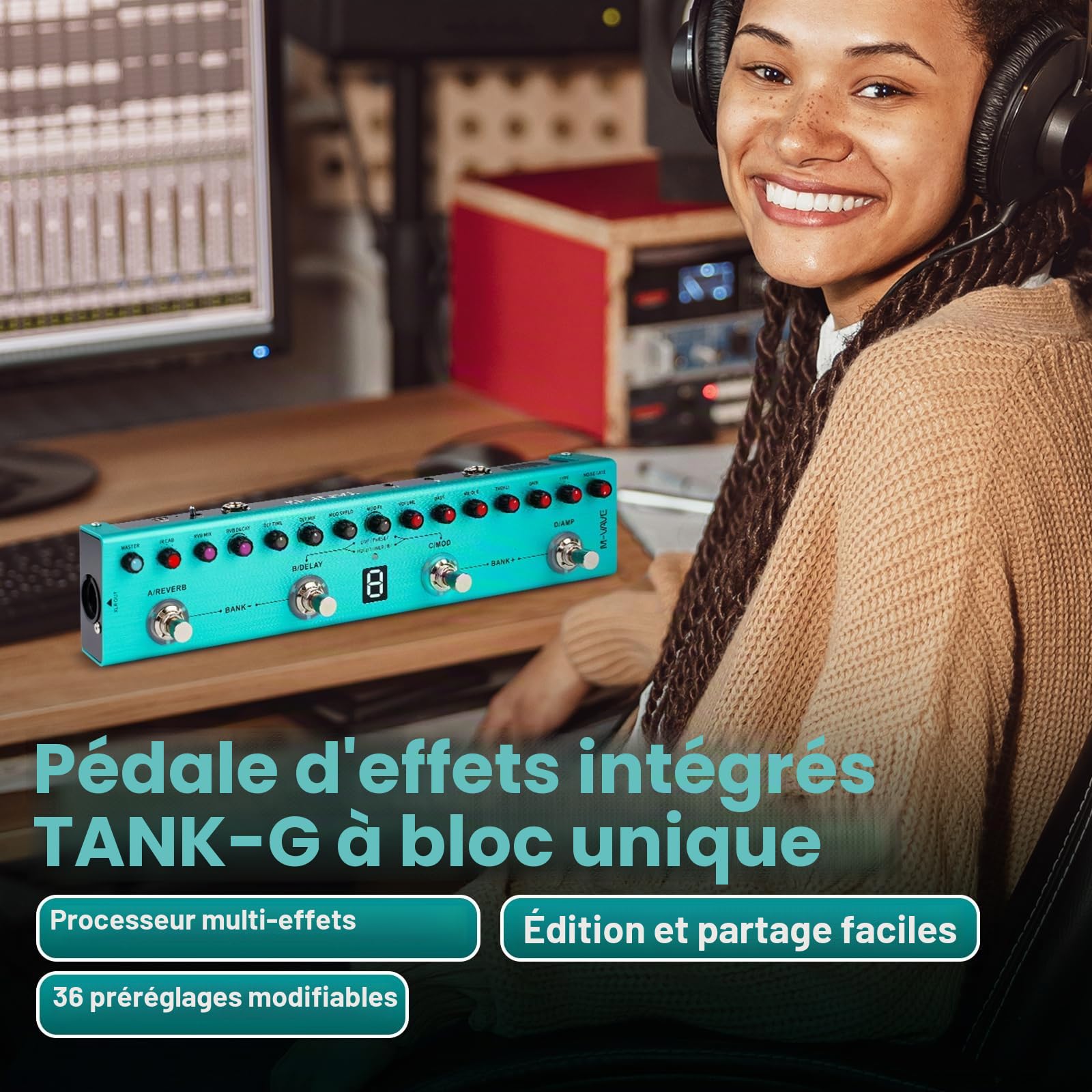 Nikou M-VAVE Pédale d'effets Numériques pour Guitare électrique, Processeur Multi-effets avec 36 Préréglages Modifiables, Unité d'effet Single Block Portable Intégrée pour l'extérieur (batterie
