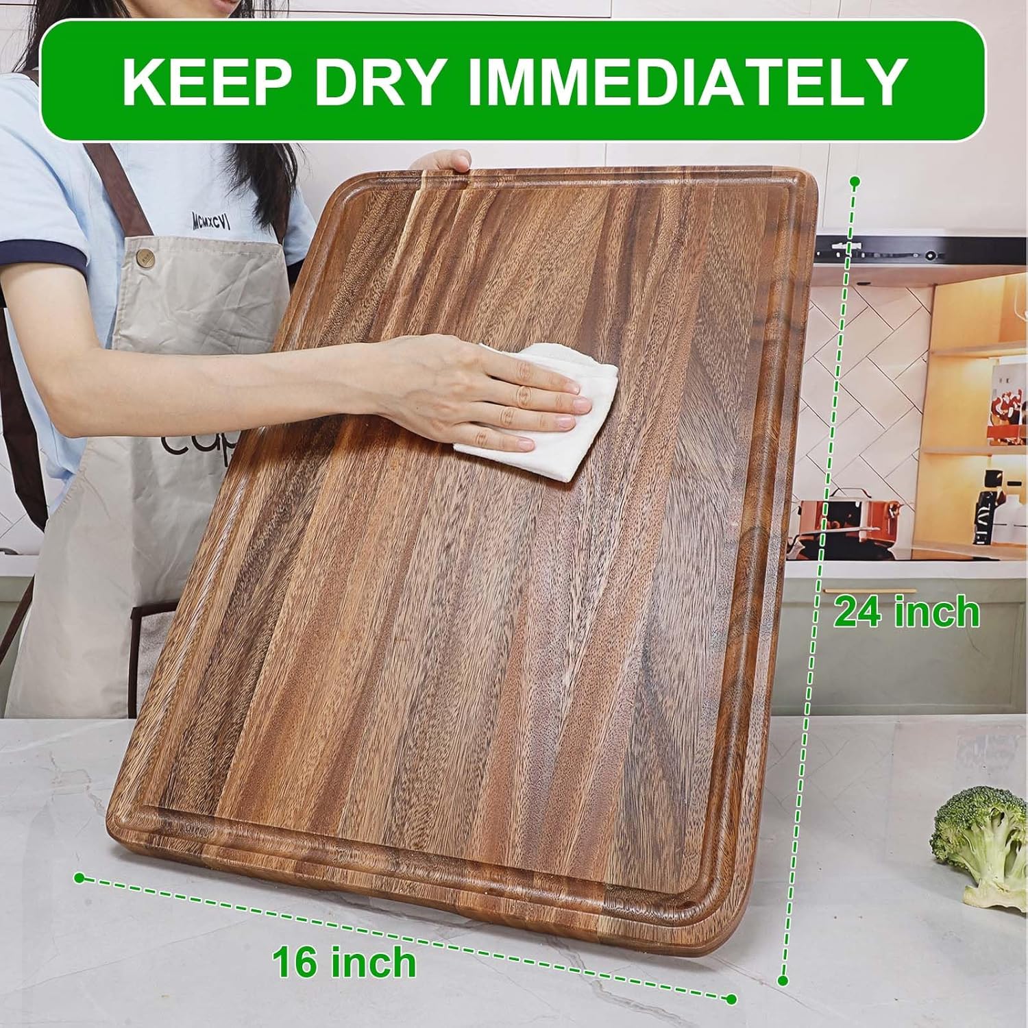 Caperci Extra Large Wood Cutting Board for Kitchen - Organic Acacia Wooden Butcher Block Chopping Carving Board with Juice Groove for Turkey, Meat, Veggies, BBQ (24" x 16") - Image 6