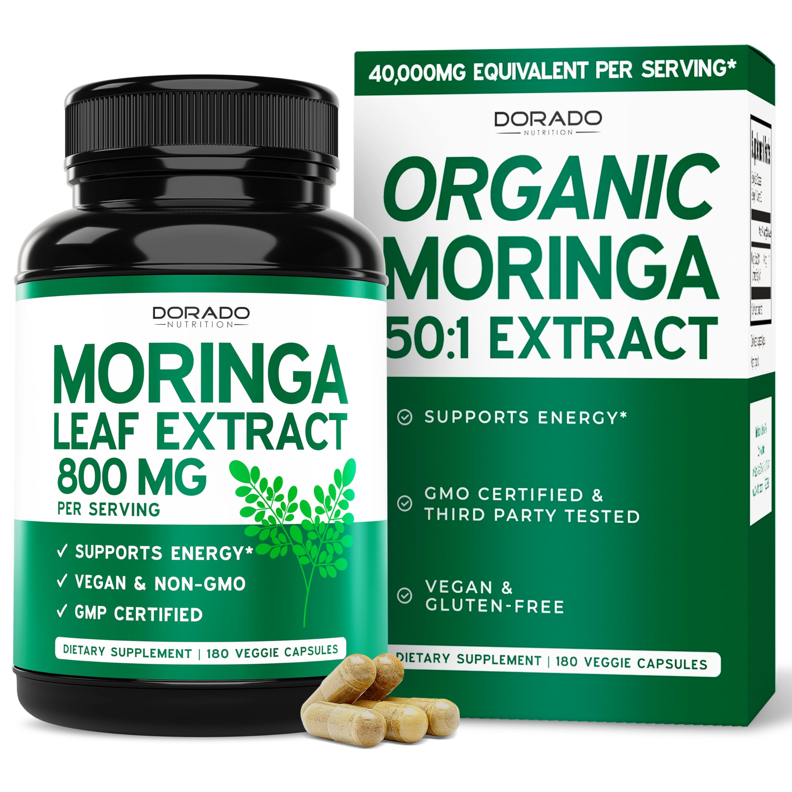 Organic Moringa Capsules 40,000mg (3 Month Supply) Pure Organic Moringa Leaf Powder Supplement - Energy, Skin, Gut Health Support - Vegan Safe, Third Party Tested & Non GMO - USA Made - (180 Capsules)