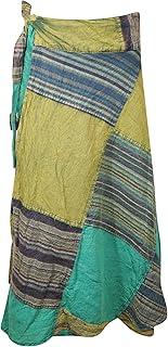 Mogul Interior Wrap Around Skirts Cotton Olive Green Patchwork Midi Skirts XL