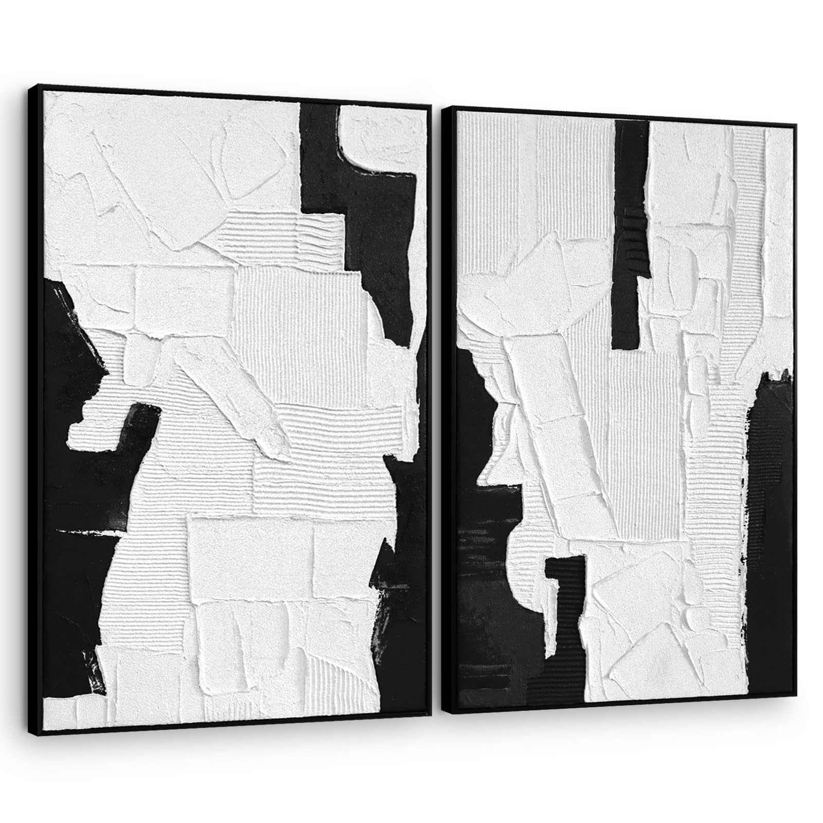 SAFERRYHOME 3D Textured Wall Art Hand-painted Black and White Abstract Plaster Effect Canvas - Minimalist Modern Living Room Bedroom Decor Framed Set