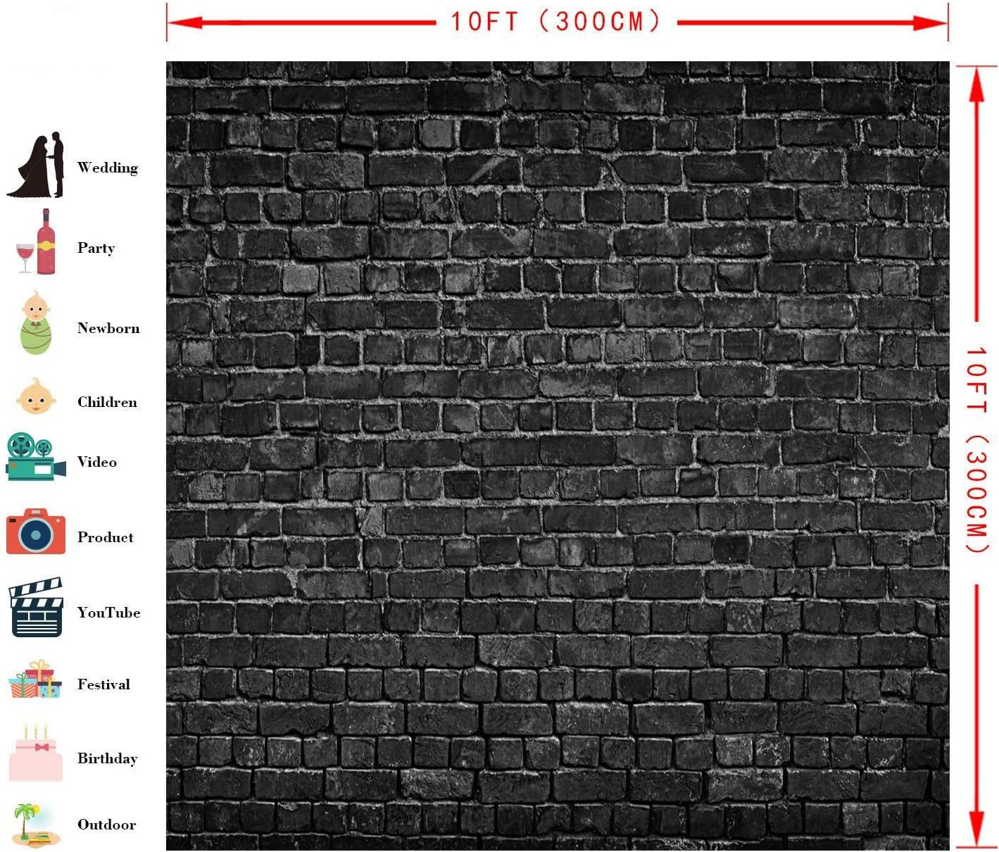 AIIKES 10x10FT Brick Backdrop Black Brick Wall Photography Backdrop Vintage Theme Stone Brick Design Photography Backdrop Baby Birthday Party Decoration Photo Booth Studio Prop 11-501