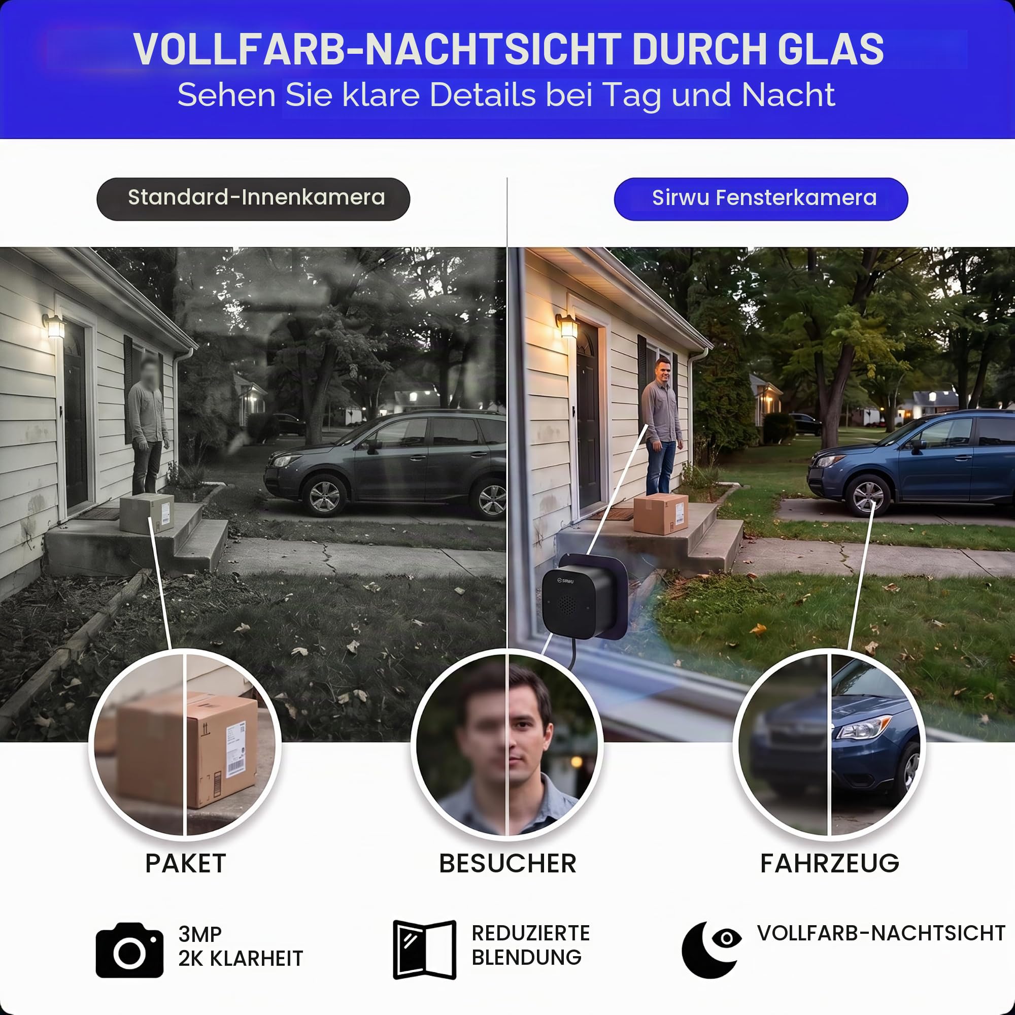 3MP 2K Fensterkamera, 2,4 GHz & 5 GHz WiFi6 Fenster-Sicherheitskamera für Zuhause, ohne Bohren, Innenkamera für Außenüberwachung durch Glas, Vollfarb-Nachtsicht, Bewegungserkennung (Schwarz)