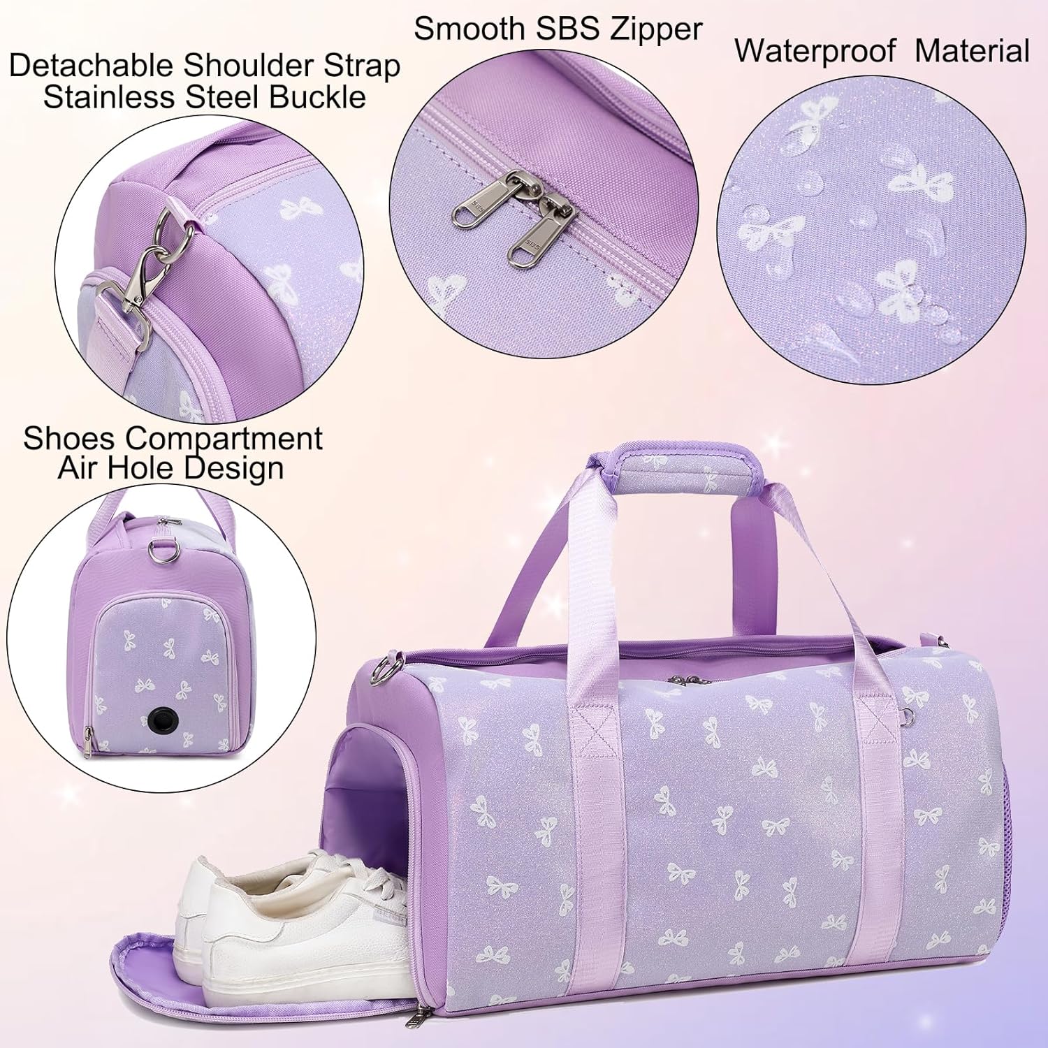 Dance Dag for Girl Travel Bag Glitter Bow Sports Duffle Dag Gym Bag Ballet Bag with Shoes Compartment & Wet Separation Waterproof - Image 5