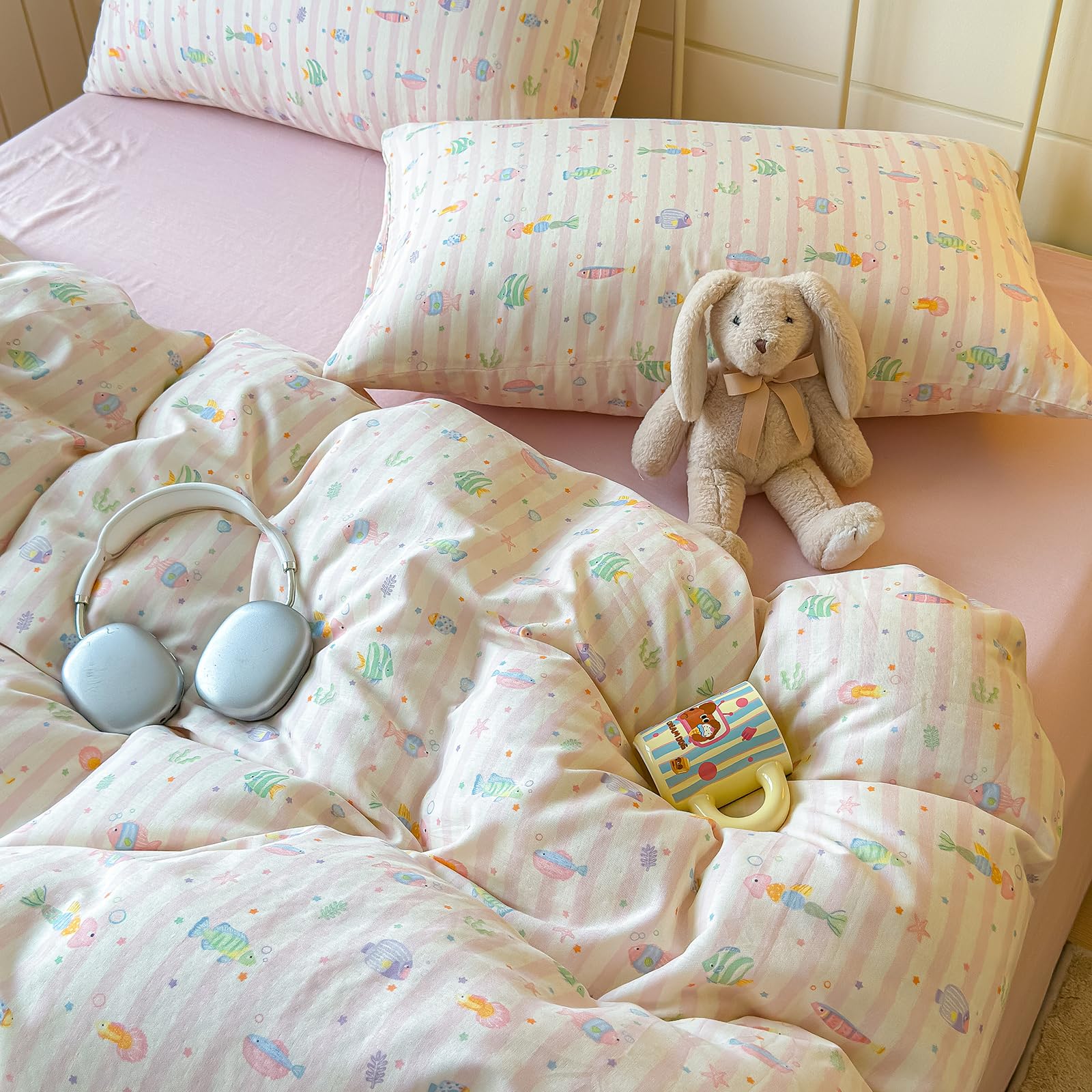 VM VOUGEMARKET Girls Fish Duvet Cover Set Twin,Pink Striped