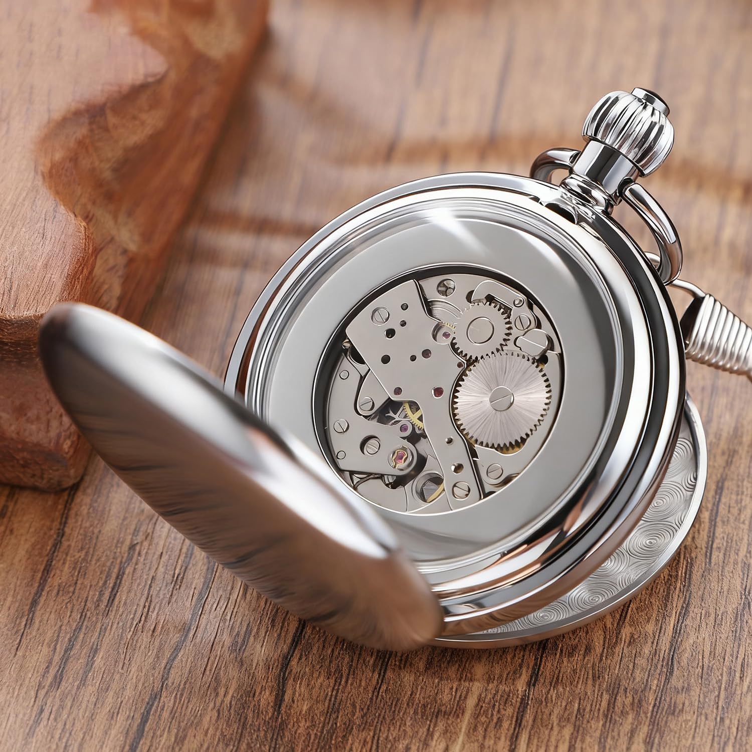 Tiong Orologio da taschino meccanico con doppia apertura, in argento, con quadrante bianco con numeri arabi, design classico