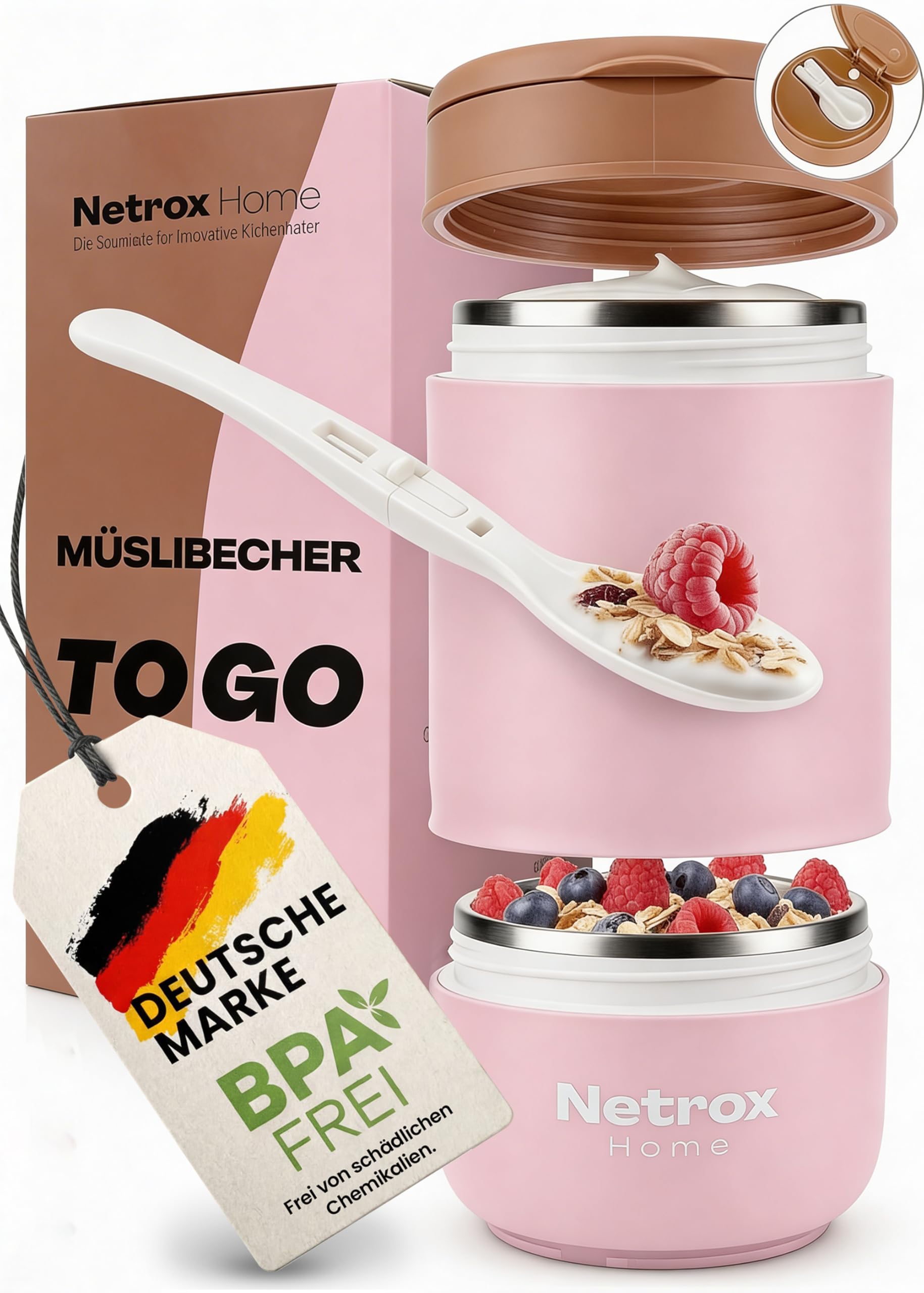 NetroxHome - Müslibecher To Go mit Löffel, Auslaufsicherer Joghurtbecher aus Edelstahl, Lunchbox, Müslibecher - für Joghurt Porridge Essen