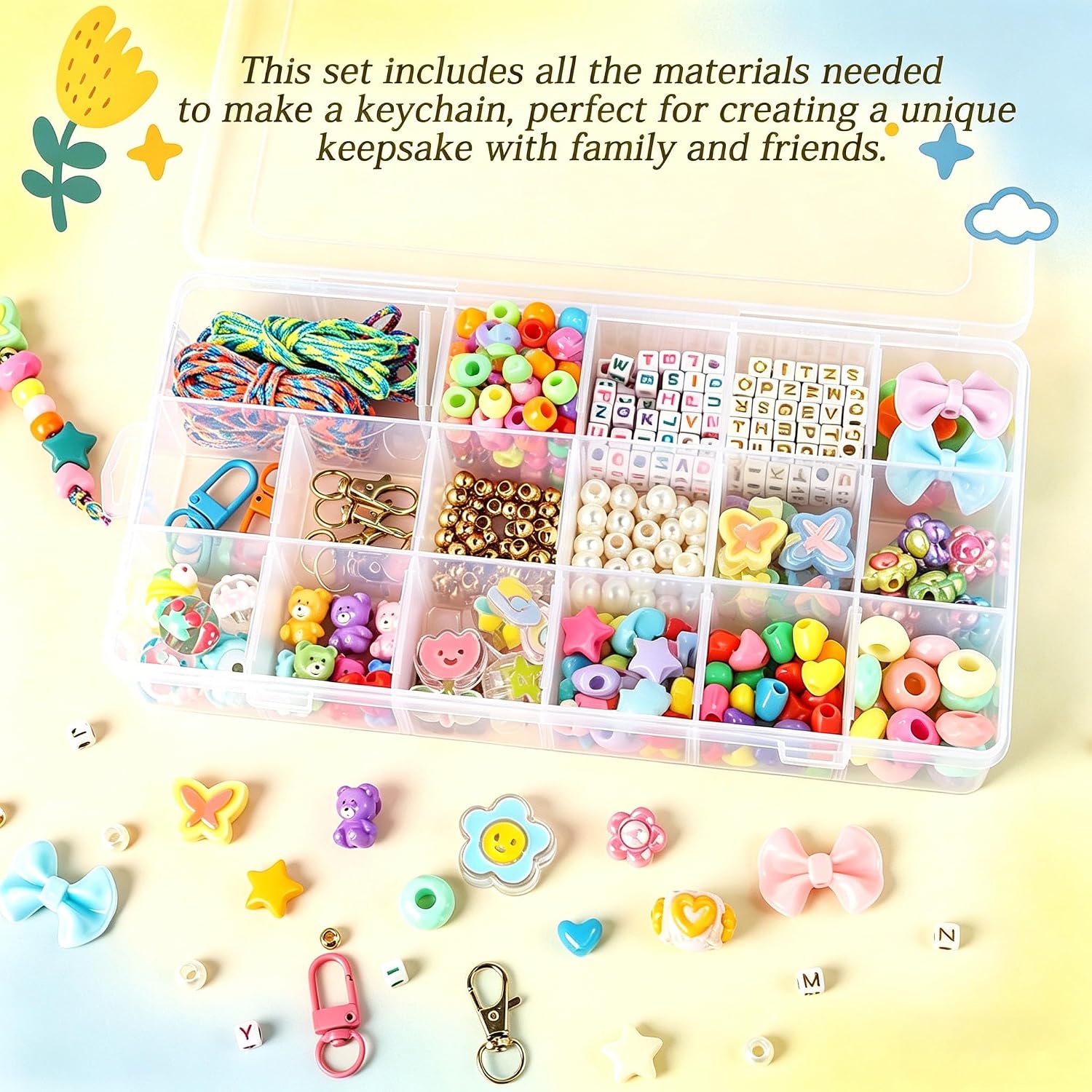 534 PCS Keychain Beads, Bead Keychain Kit, Acrylic Letter Beads with Heart Star Flower Charms for DIY Jewelry Bag Accessories Crafts, Personalized Alphabet A-Z Name Making Kit