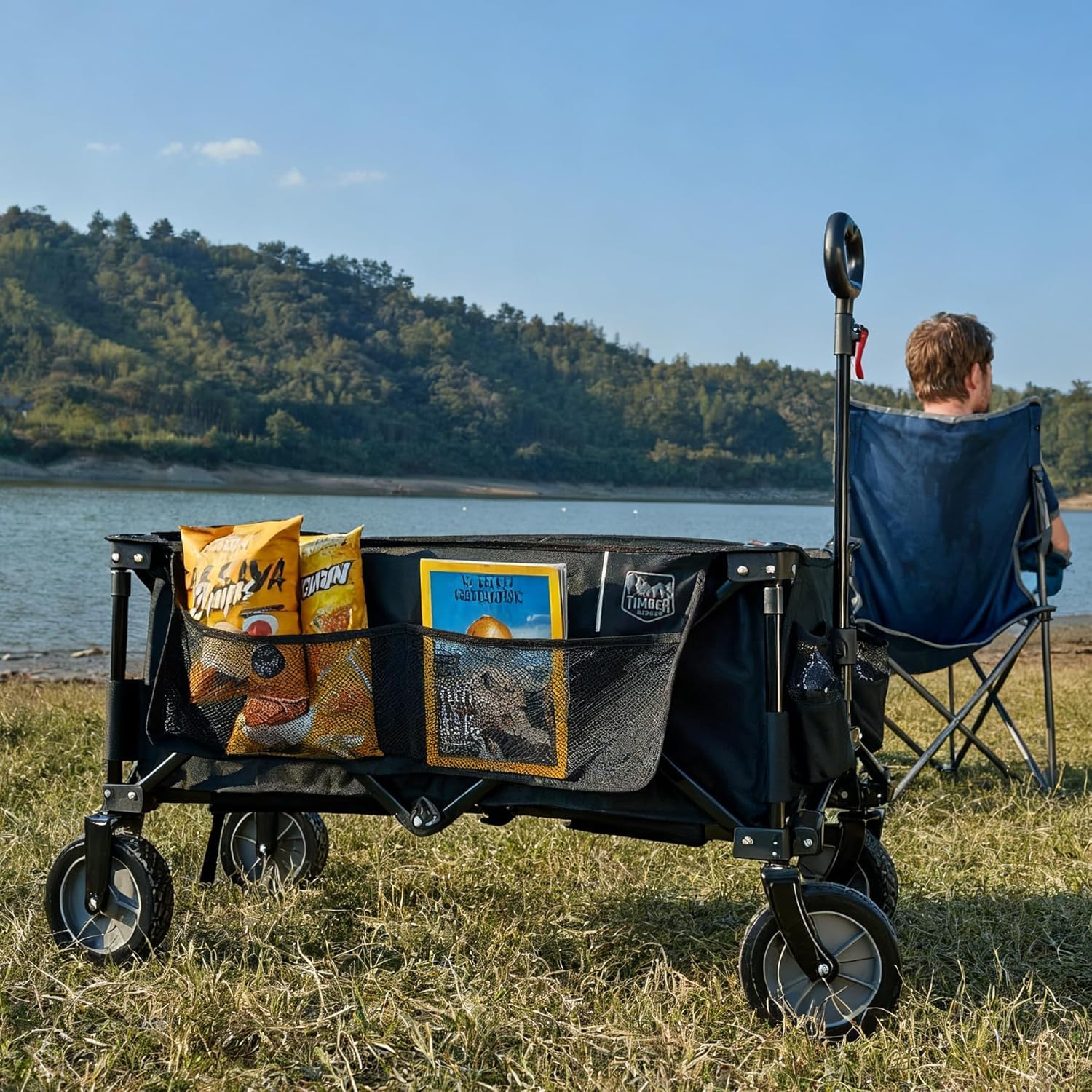 TIMBER RIDGE XXL Bollerwagen Faltbar Transportwagen mit Seitentasche Getränkehalter verstellbarem Griff, Gartenwagen für Alle Gelände, Draussen Camping Einkaufen