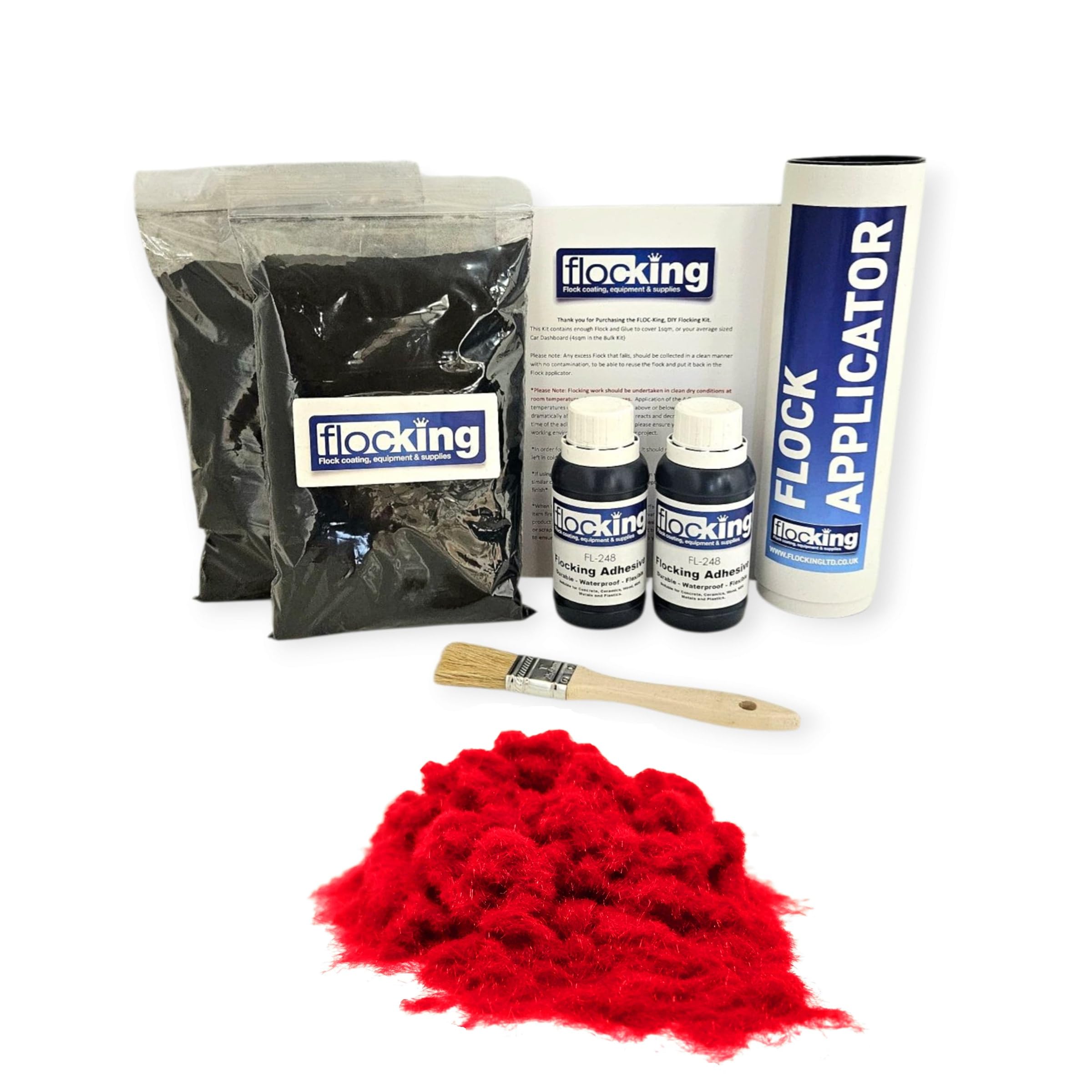 FLOC-KING Professional Twin Flocking Kit (Pillar Box Red) – 2sqm Coverage – DIY Dash Flocking Fibres & High-Strength Specialised Adhesive for Car Interior Restoration, Dashboards & Crafts