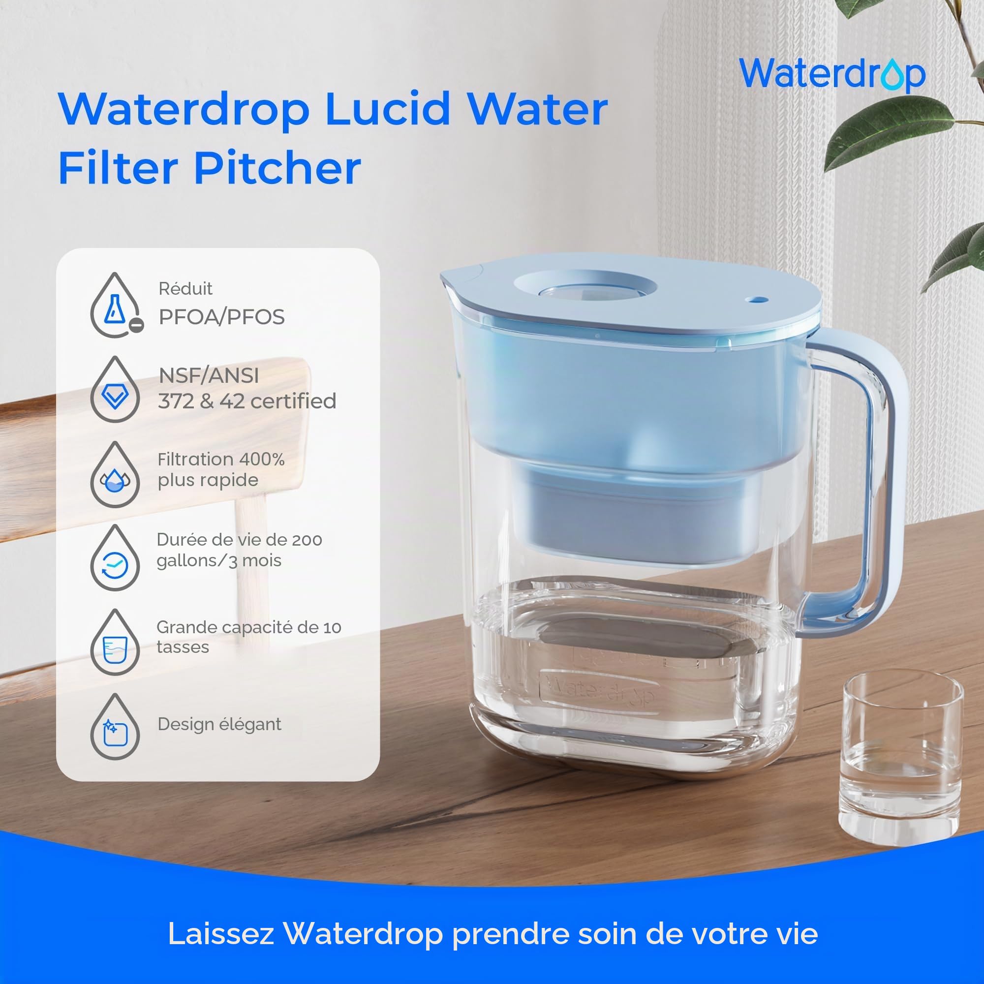 Waterdrop Lucid Carafe Filtrante d'eau avec 1×90 Jours Filtre, 3.5L, Réduit le Fluorure, le Chlore et Plus, NSF Certifiée, sans BPA, Bleu (Filtre Remplaçable: WD-PF-01A Plus)