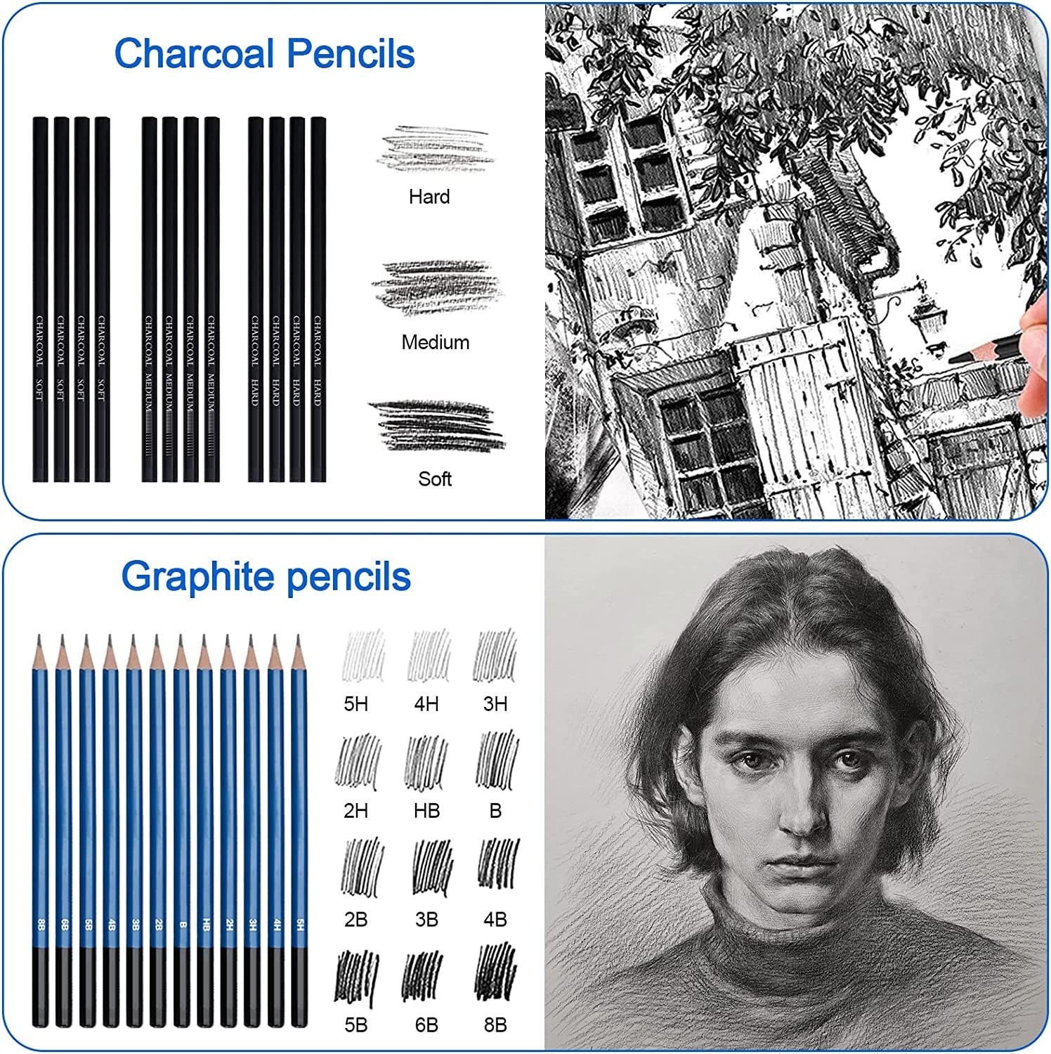 Corslet 73-teiliges Set mit Bleistift, Künstler-Zeichenset, Skizzen-Set mit Graphitkohle, Aquarell und metallischen Buntstiften, Skizzenbuch und Kunstbedarf für