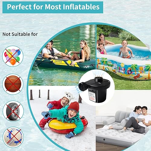 Miniatura 4 de Bomba de aire para inflables, bomba de colchón de aire eléctrica con 3 boquillas, inflador portátil de llenado rápido para barco inflable, camas de
