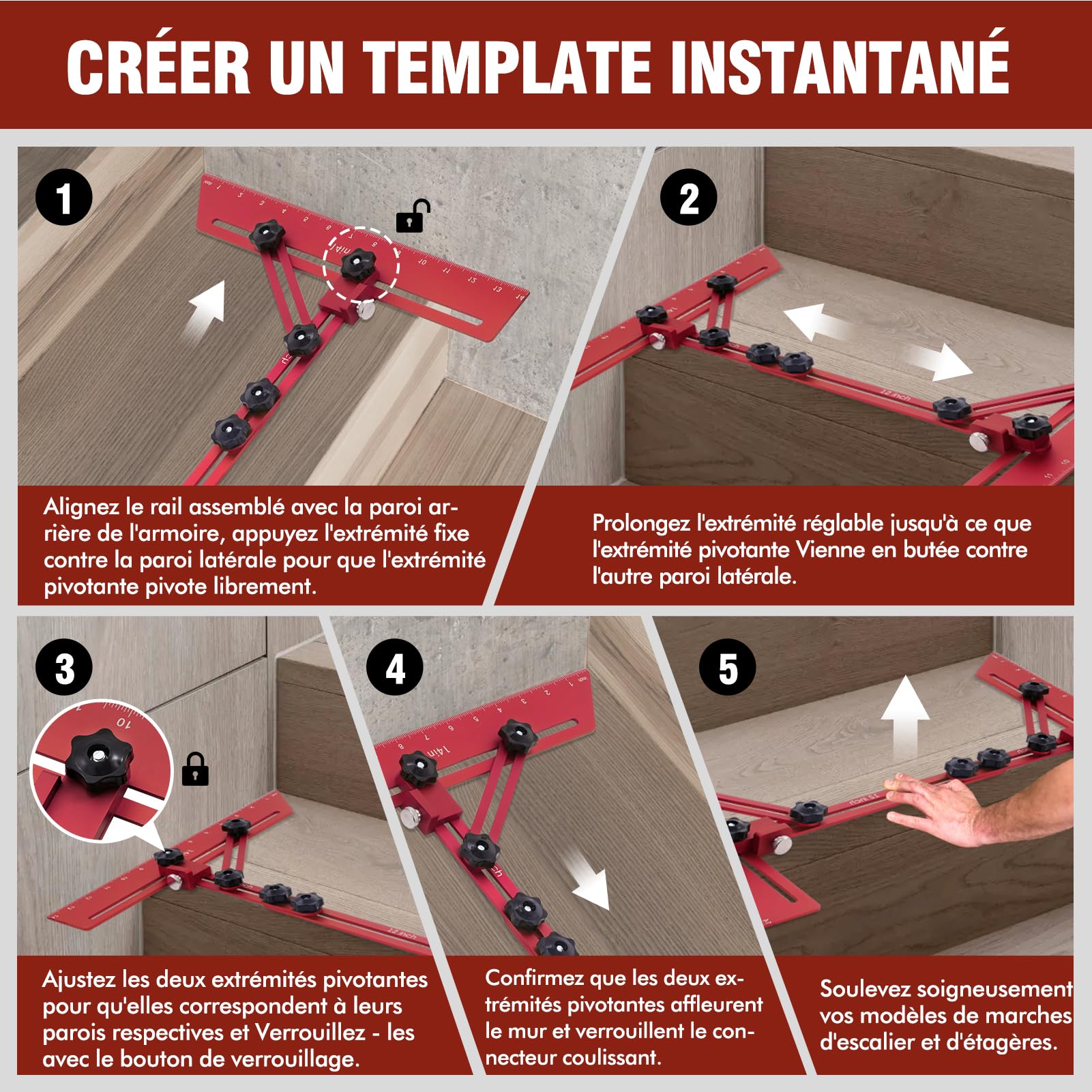 Outil de Gabarit de Marche D'escalier, Outil Mesure D'escalier avec Barre Support Auxiliaire et Sac Rangement, pour Supports D'escalier Cloisons (Longueur Réglable 10,5 à 60,5 in)
