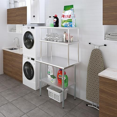 Miniatura 4 de Mesa de trabajo de acero inoxidable de 24 x 36 pulgadas con sobreestante de doble nivel de 18 pulgadas de ancho  Combo de mesa y estantería de metal