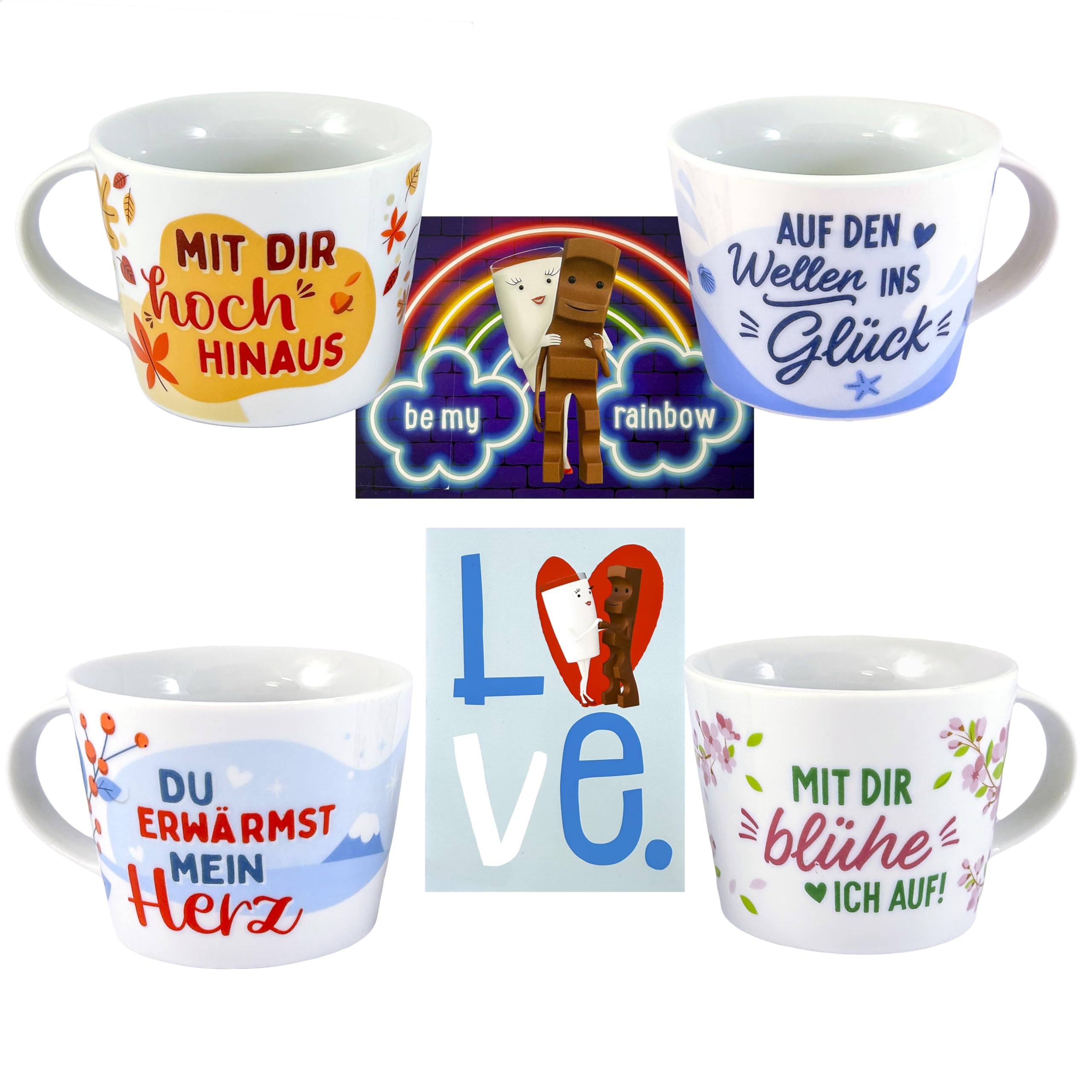 Kinder Riegel 4 Sammel Tassen Tasse Hochzeit Liebe 4 Stück, alle 4 Motive + 2 Kinderriegel Postkarten