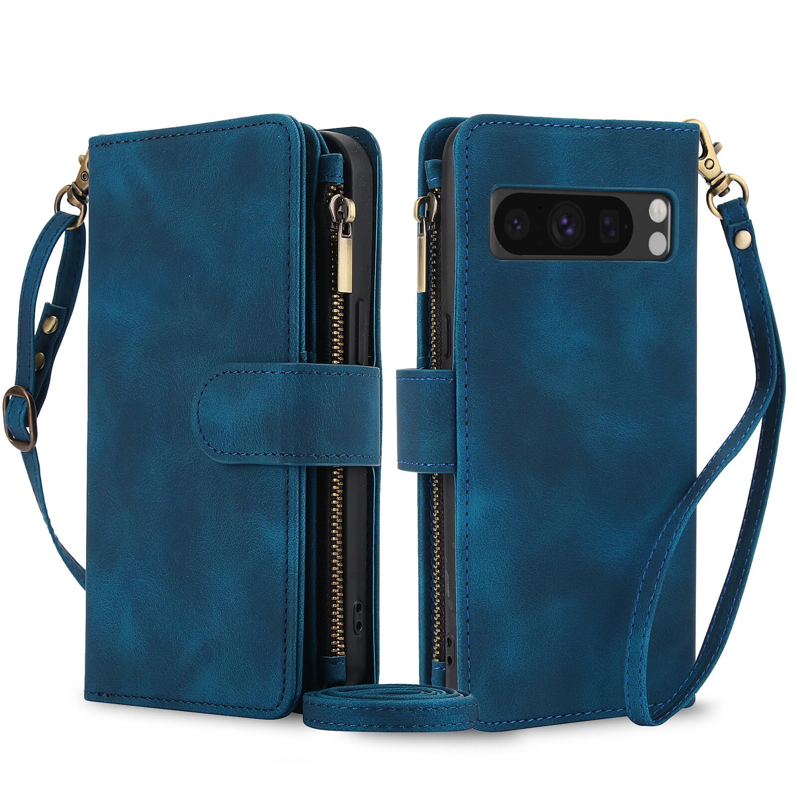 Case for Google Pixel 9 (Color: Blue) Zipper Flip Leather Wallet Crossbody Strap Flip Back Case