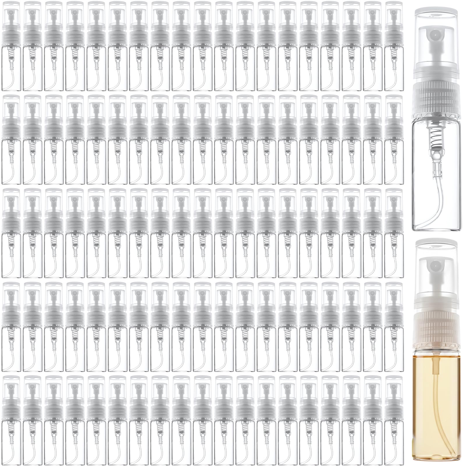 100 szt. mini szklanych butelek z rozpylaczem, przezroczyste butelki na próbki perfum do zapachów, olejków eterycznych, mgiełki do twarzy i innych, rozmiar podróżny z szczelną konstrukcją dla łatwego