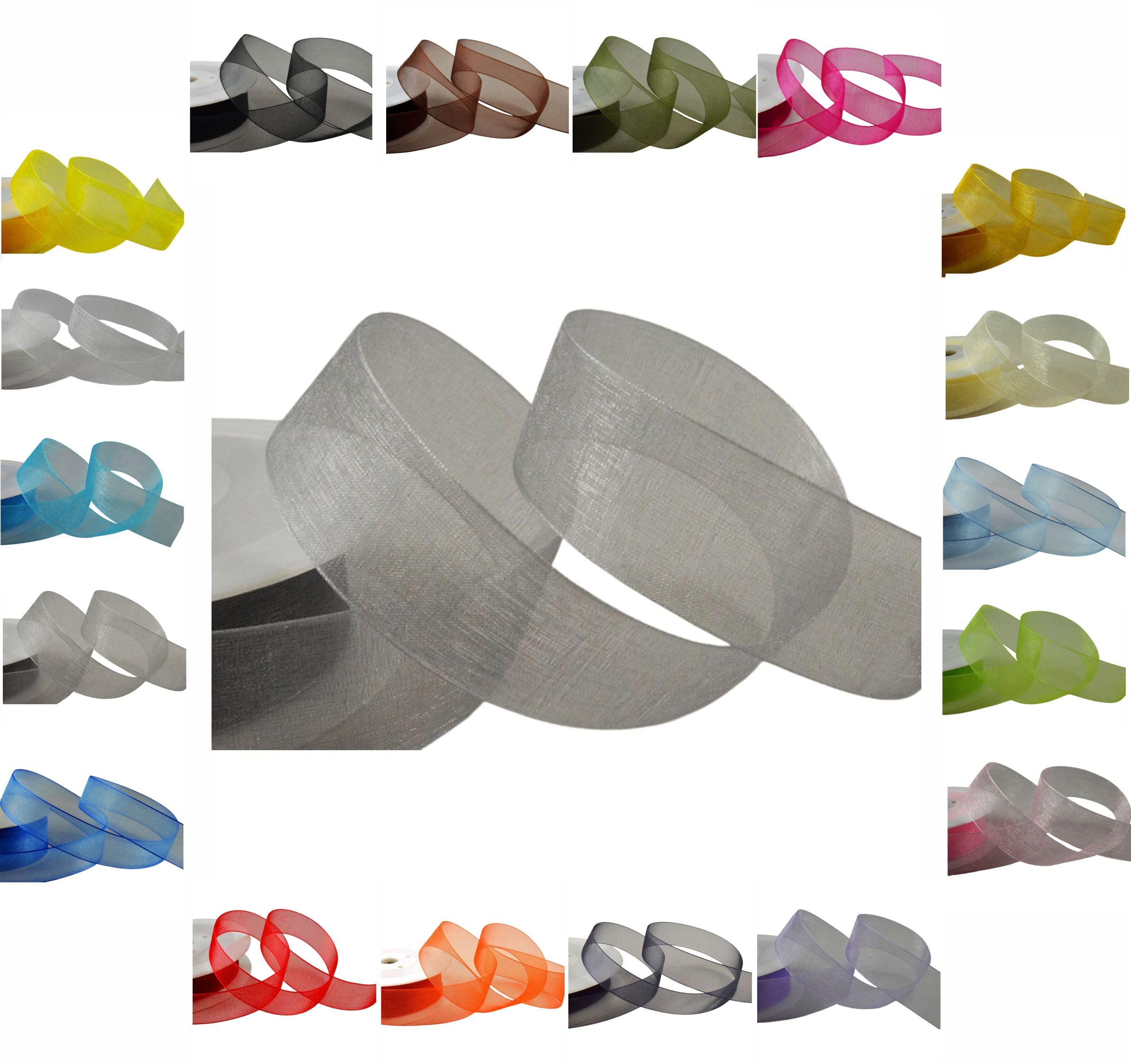50m / 25m Roll Luxury Organza Woven Edge Ribbon Reel Rolls 3mm, 9mm, 15mm, 25mm, 40mm (Silver, 40mm x 25 Metres)