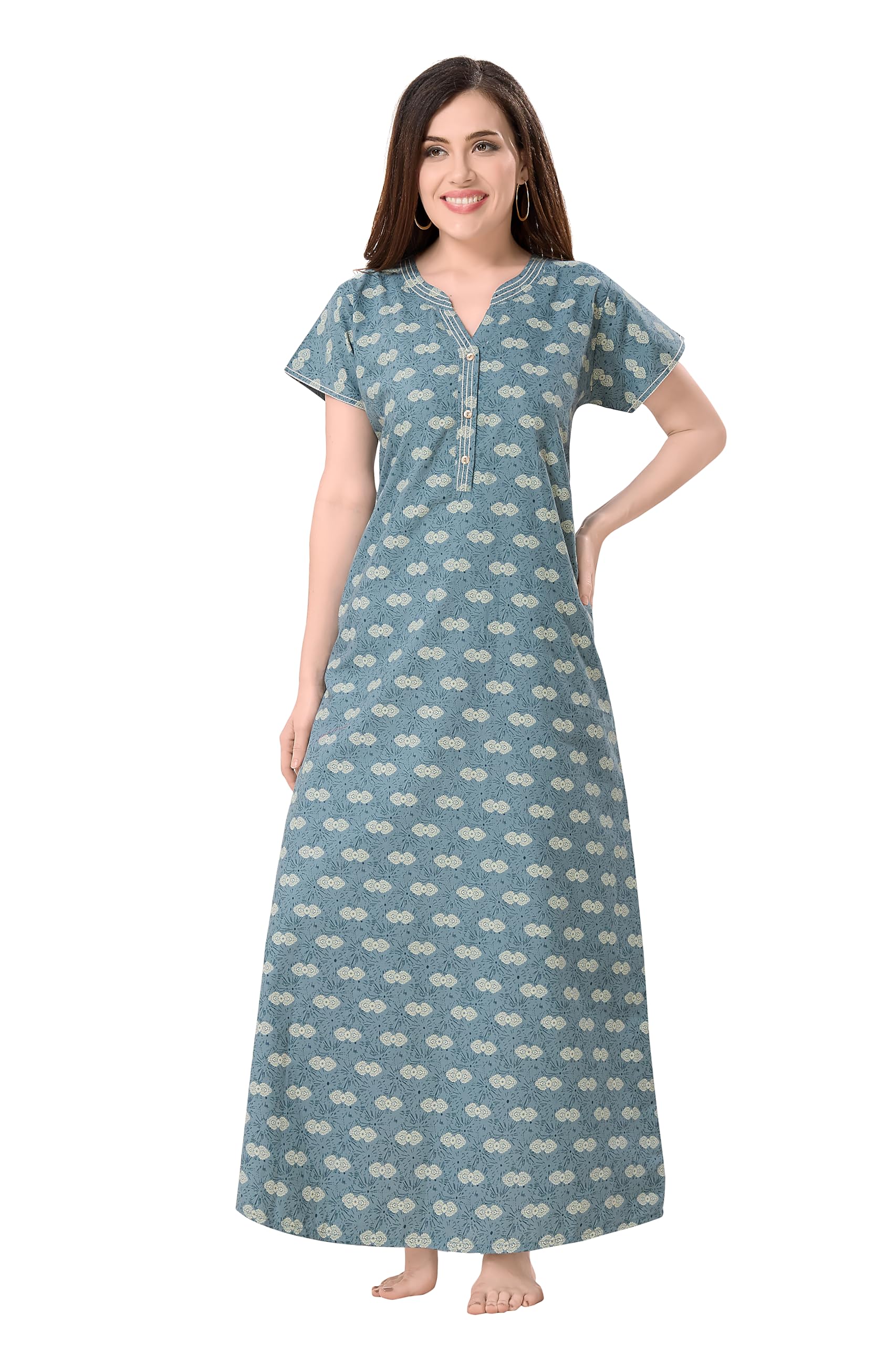 Women’s Stylish 100% Pure Cotton Printed Nighty | Soft & Breathable Full-Length Nightdress with Button Neck and Half Sleeves CSBA01B-image-29