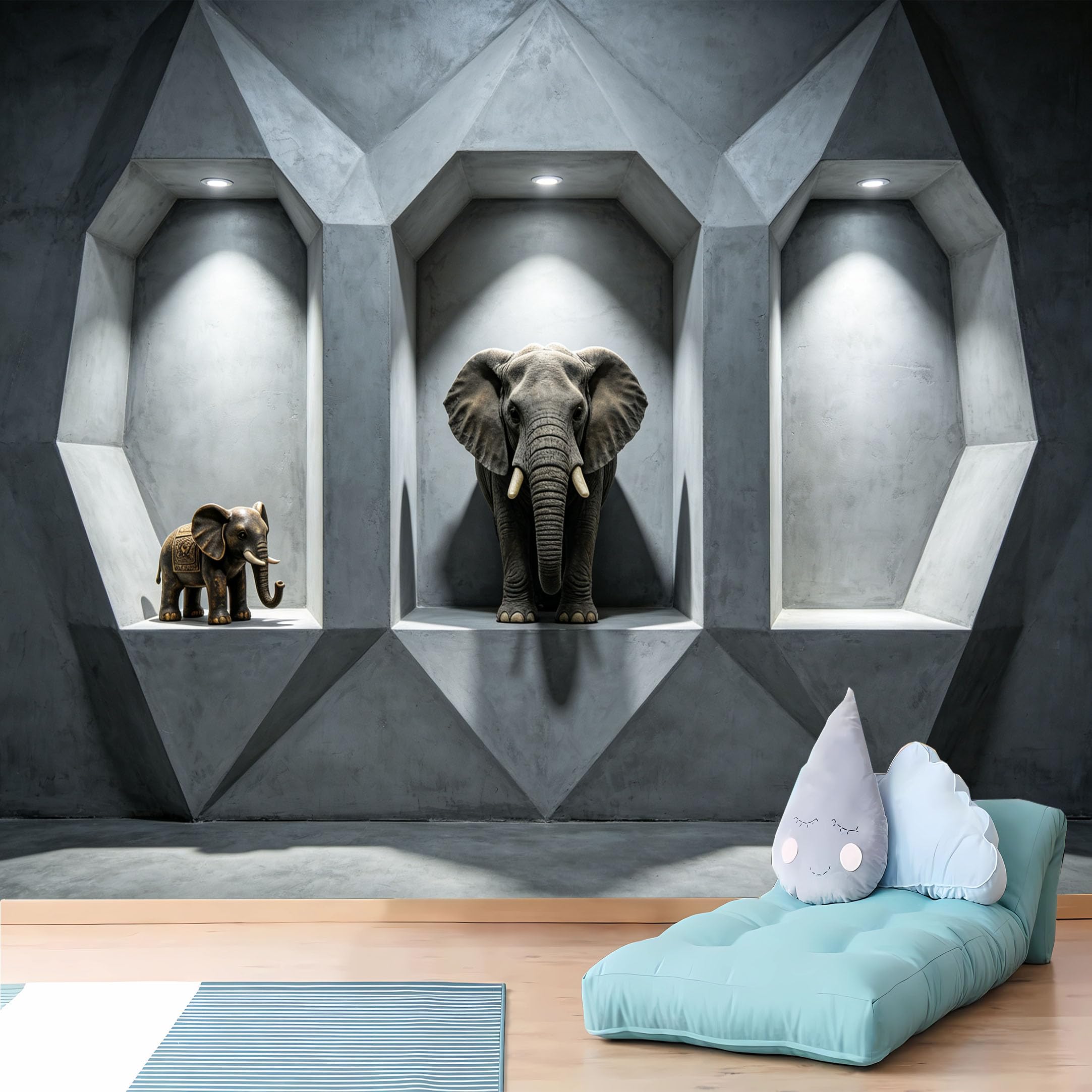 Custom Size Wall Murals 3D Elephant Niche Scene in Geometric Concrete Frame Full Wall Wall Murals Self-Adhesive Wall Fabric (NO PVC) Removable Wallpaper for Nursery
