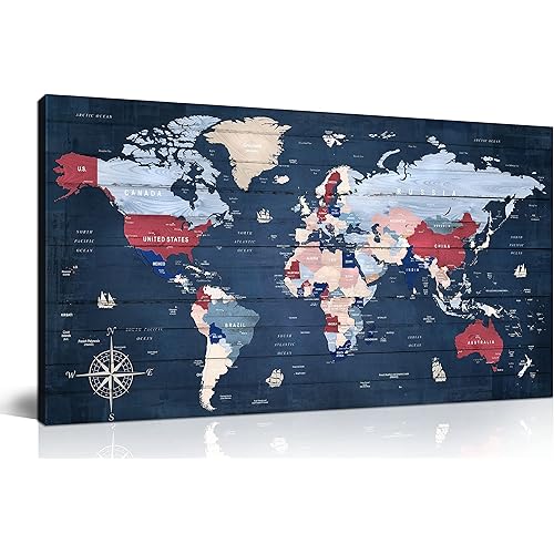 ZHAOSHOP Blue World Map Wall-Art for Office - Large World Maps for Wall - Canvas Wall Art Stretched and Framed Ready to Hang Size 40" x 20"