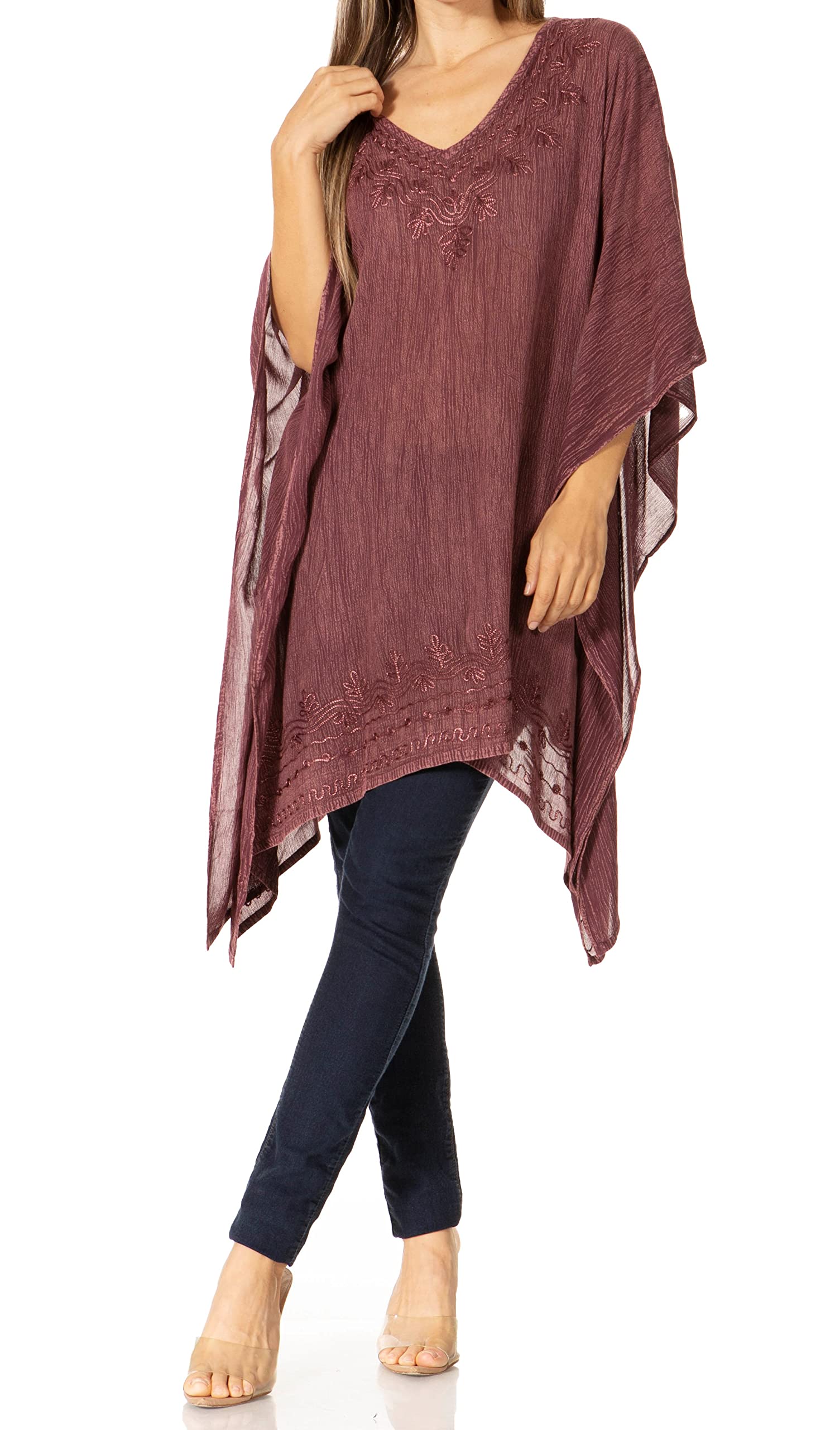 Sakkas Women's A-Sangria K2022s - Wren Lightweight Circle Poncho Top Blouse With Detailed Embroidery - Os