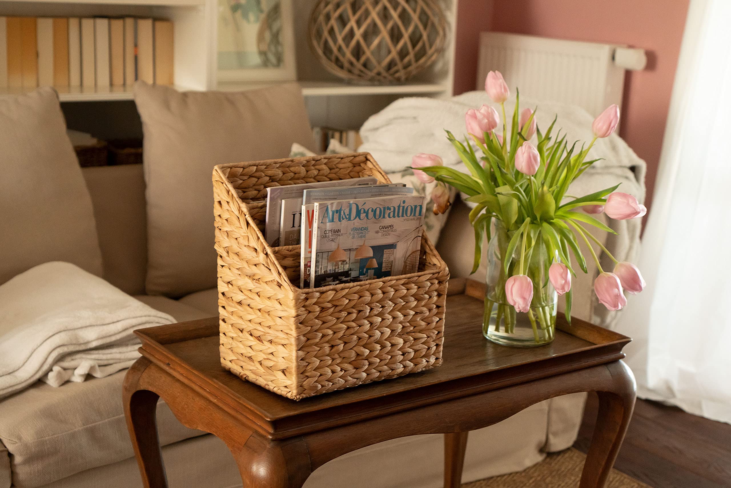 Decorasian Porte-revues tressé en jacinthe d'eau - Panier à journaux avec 3 compartiments - Porte-journaux avec séparation pour livres, magazines et journaux